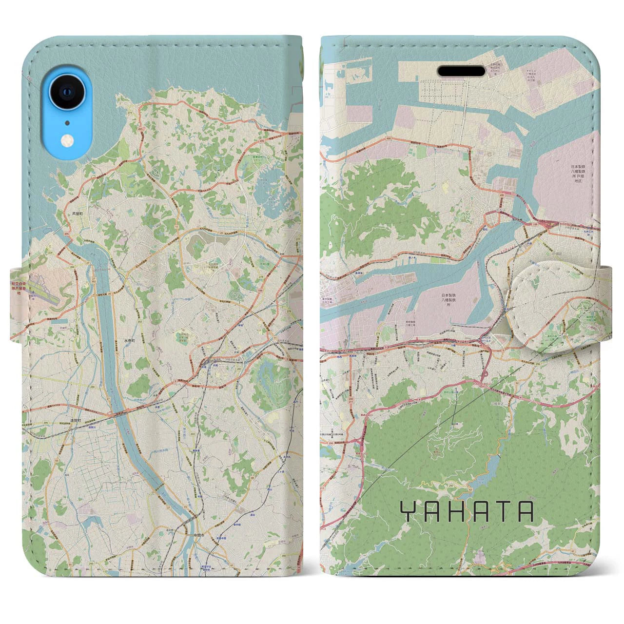 【八幡】地図柄iPhoneケース（手帳両面タイプ・ナチュラル）iPhone XR 用