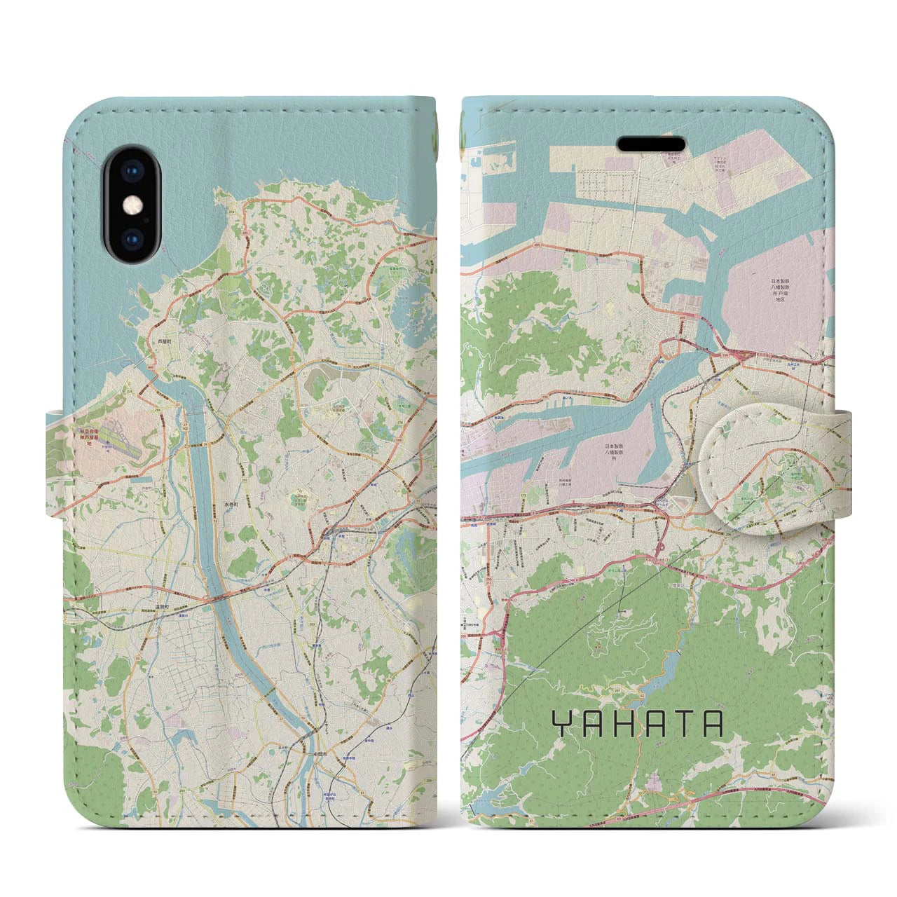 【八幡】地図柄iPhoneケース（手帳両面タイプ・ナチュラル）iPhone XS / X 用