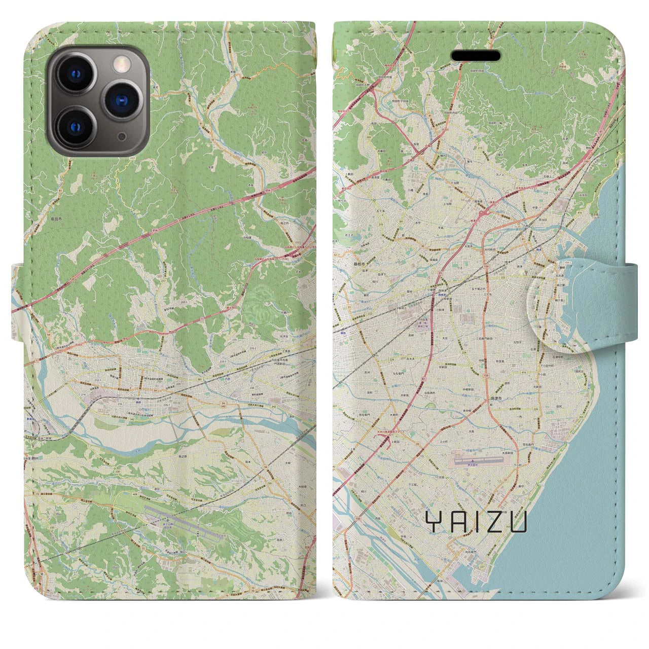 【焼津】地図柄iPhoneケース（手帳両面タイプ・ナチュラル）iPhone 11 Pro Max 用