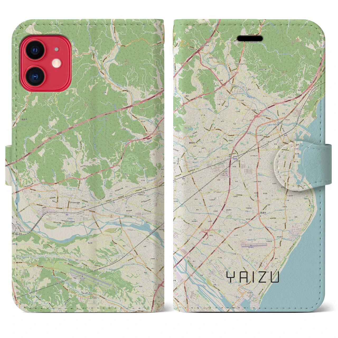 【焼津】地図柄iPhoneケース（手帳両面タイプ・ナチュラル）iPhone 11 用