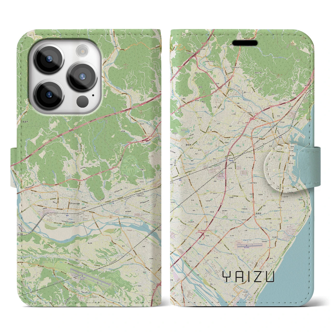 【焼津】地図柄iPhoneケース（手帳両面タイプ・ナチュラル）iPhone 14 Pro 用