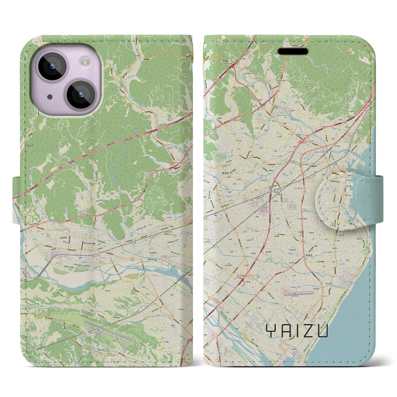 【焼津】地図柄iPhoneケース（手帳両面タイプ・ナチュラル）iPhone 14 用