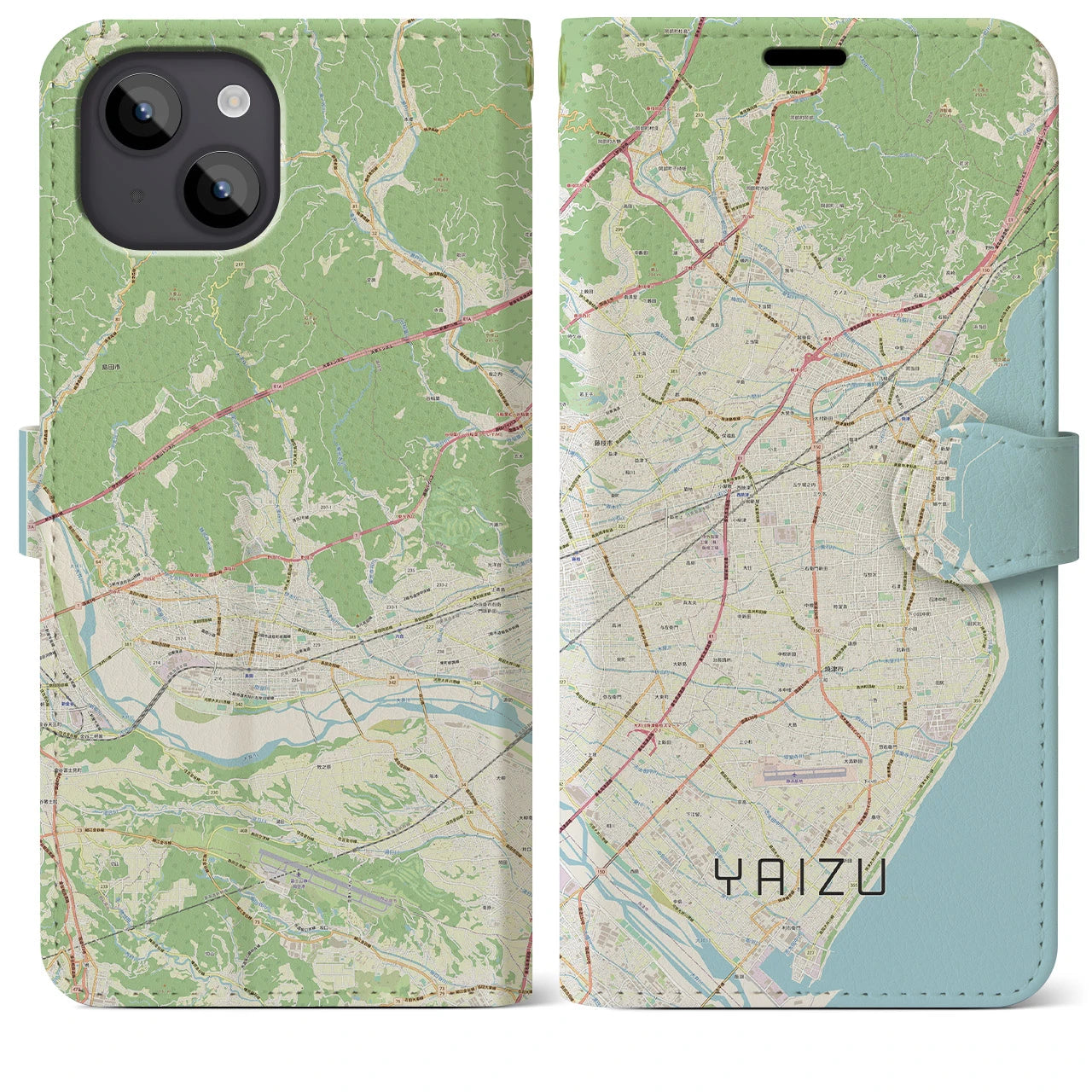 【焼津】地図柄iPhoneケース（手帳両面タイプ・ナチュラル）iPhone 14 Plus 用