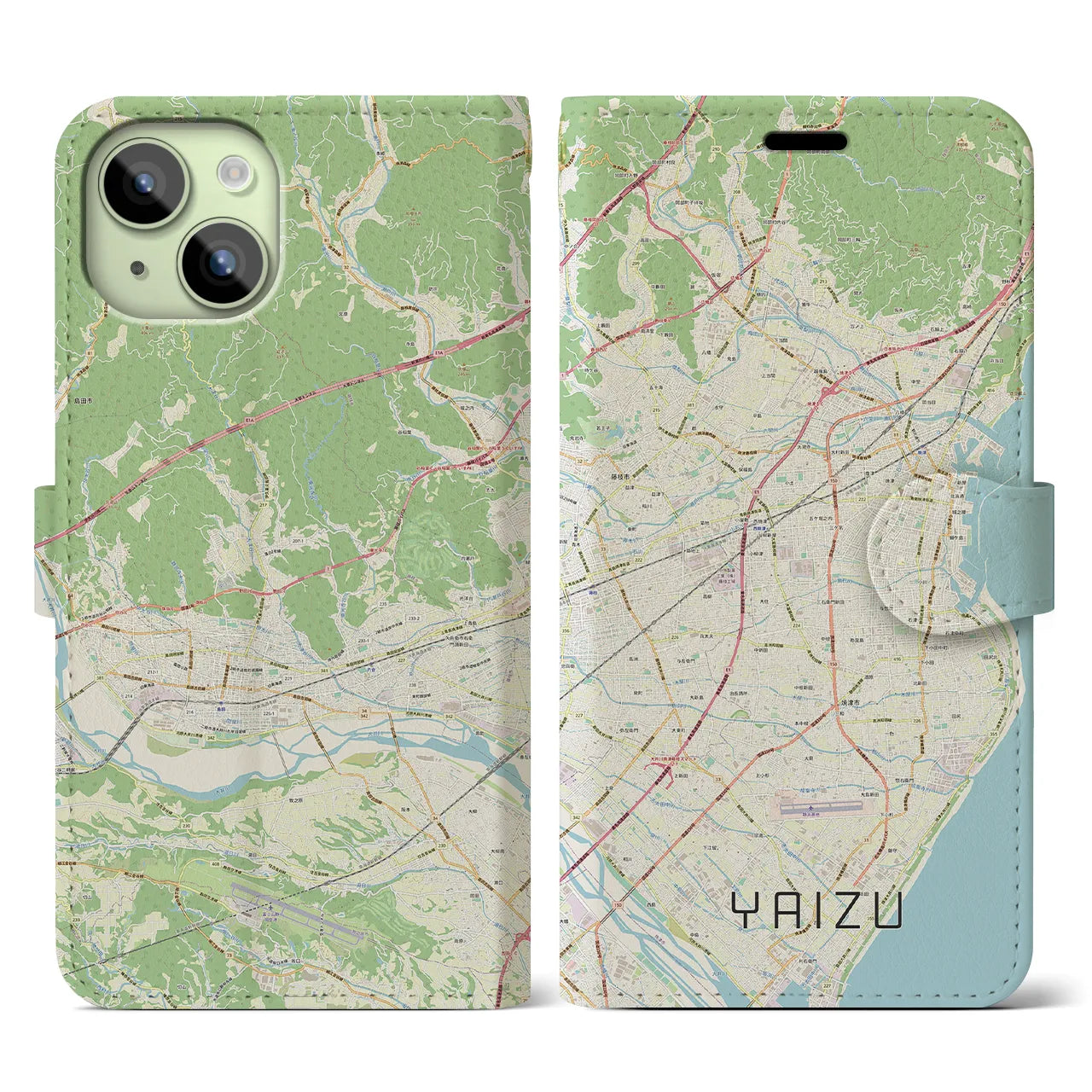 【焼津】地図柄iPhoneケース（手帳両面タイプ・ナチュラル）iPhone 15 用