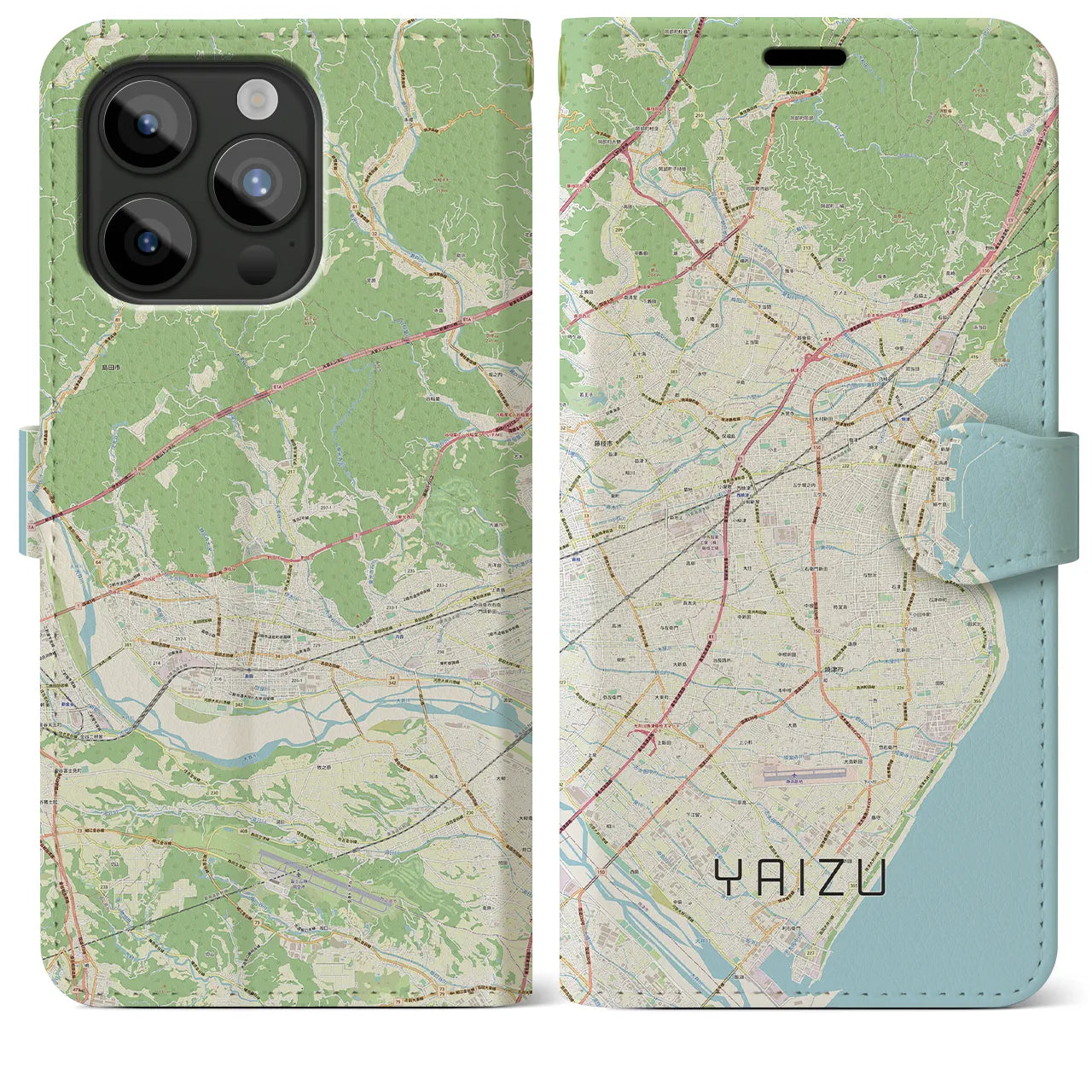 【焼津】地図柄iPhoneケース（手帳両面タイプ・ナチュラル）iPhone 15 Pro Max 用