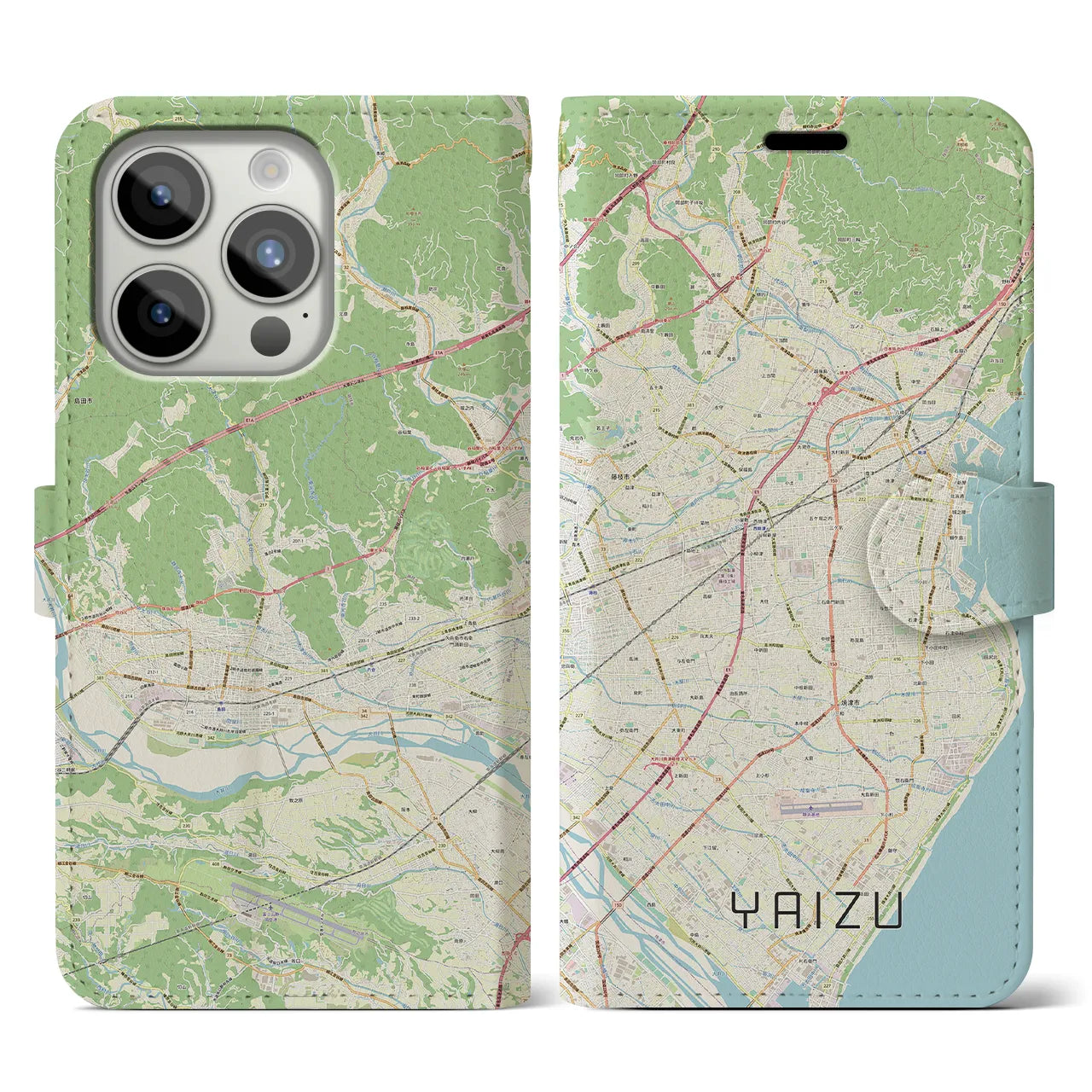 【焼津】地図柄iPhoneケース（手帳両面タイプ・ナチュラル）iPhone 15 Pro 用