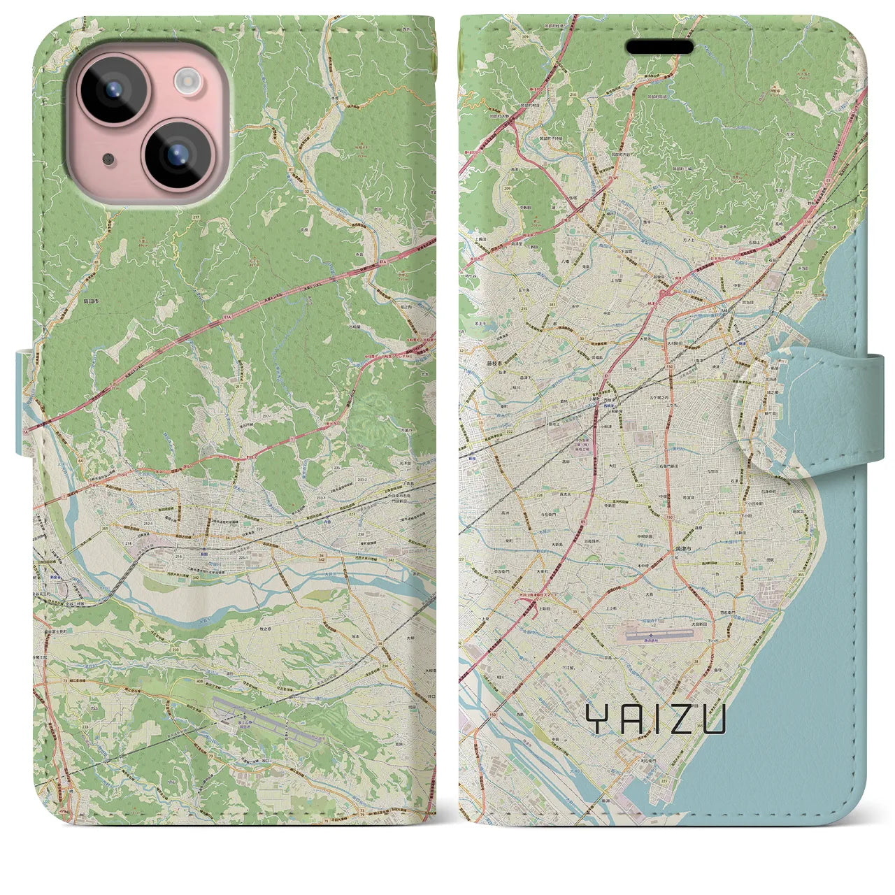 【焼津】地図柄iPhoneケース（手帳両面タイプ・ナチュラル）iPhone 15 Plus 用