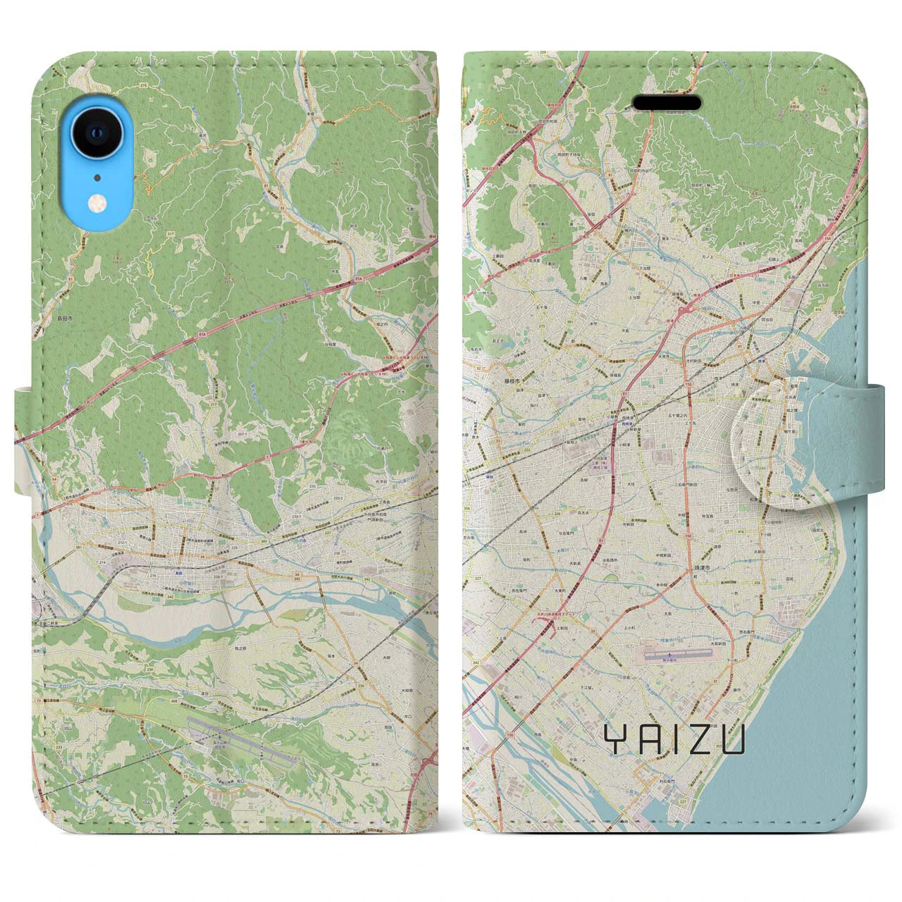 【焼津】地図柄iPhoneケース（手帳両面タイプ・ナチュラル）iPhone XR 用