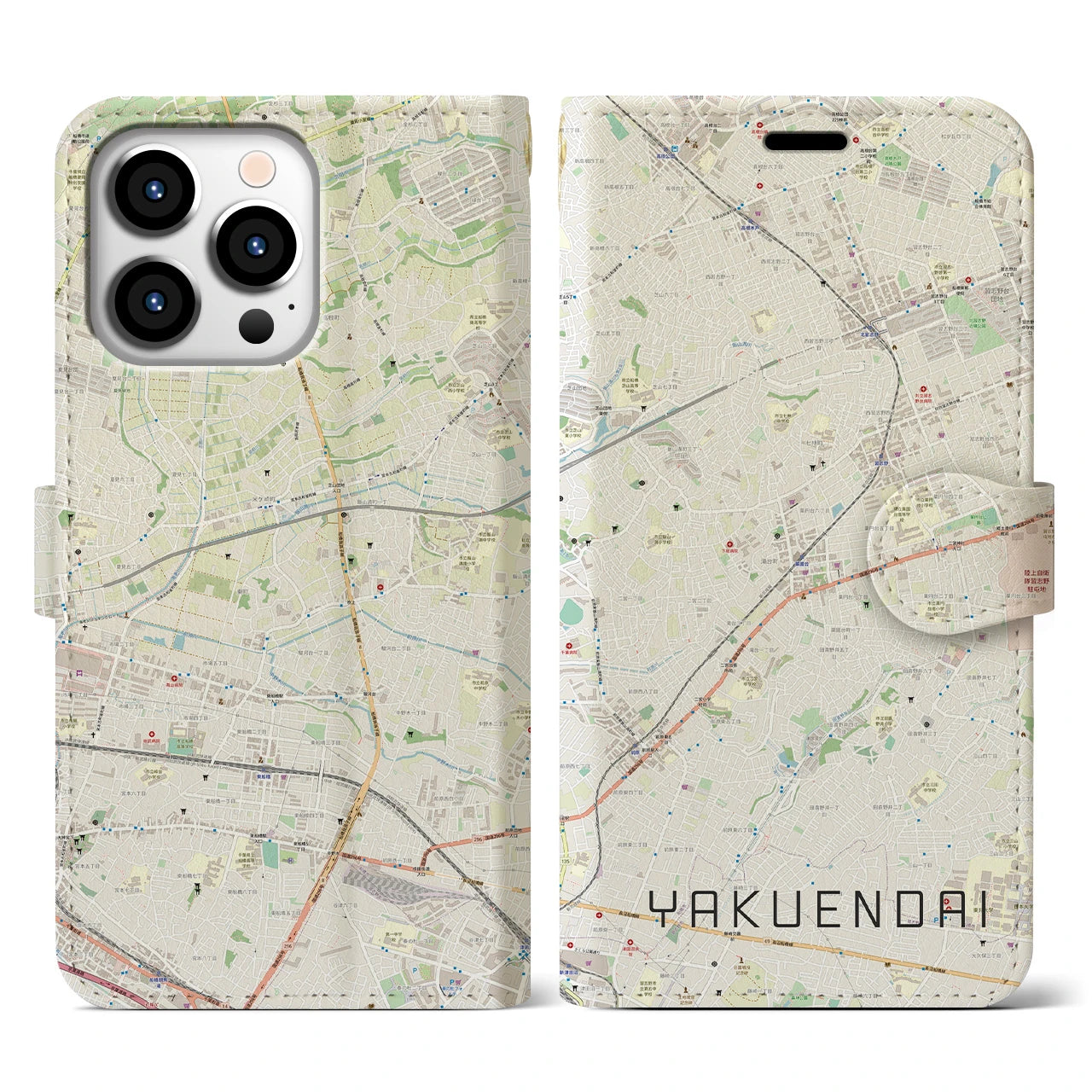 【薬園台（千葉県）】地図柄iPhoneケース（手帳タイプ）ナチュラル・iPhone 13 Pro 用