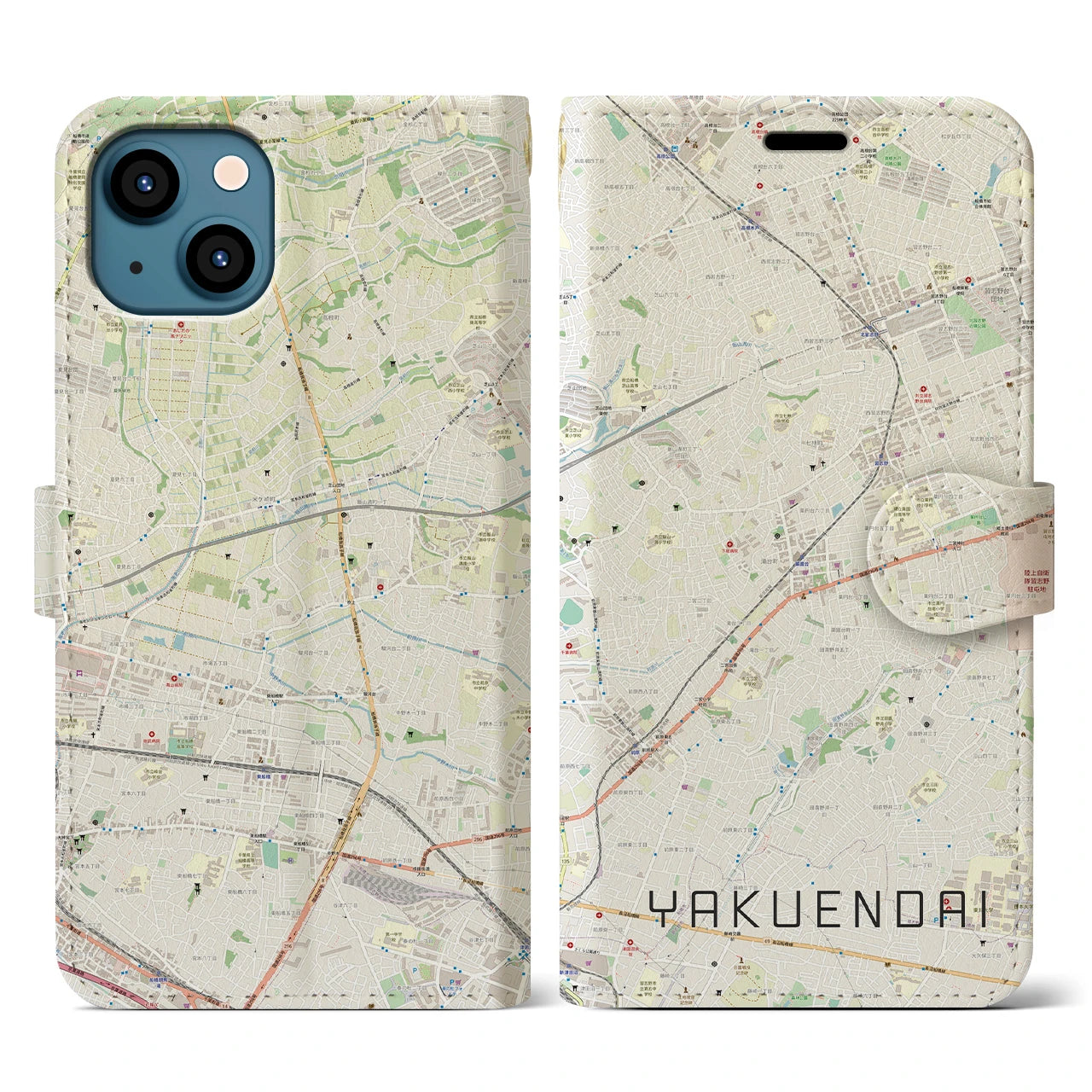 【薬園台】地図柄iPhoneケース（手帳両面タイプ・ナチュラル）iPhone 13 用