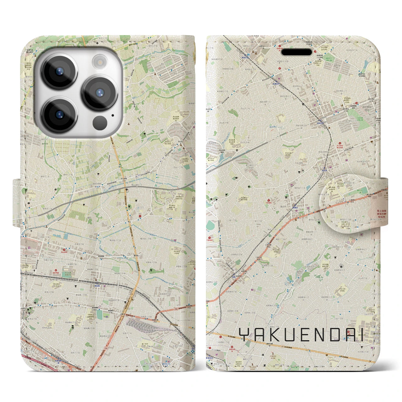 【薬園台】地図柄iPhoneケース（手帳両面タイプ・ナチュラル）iPhone 14 Pro 用