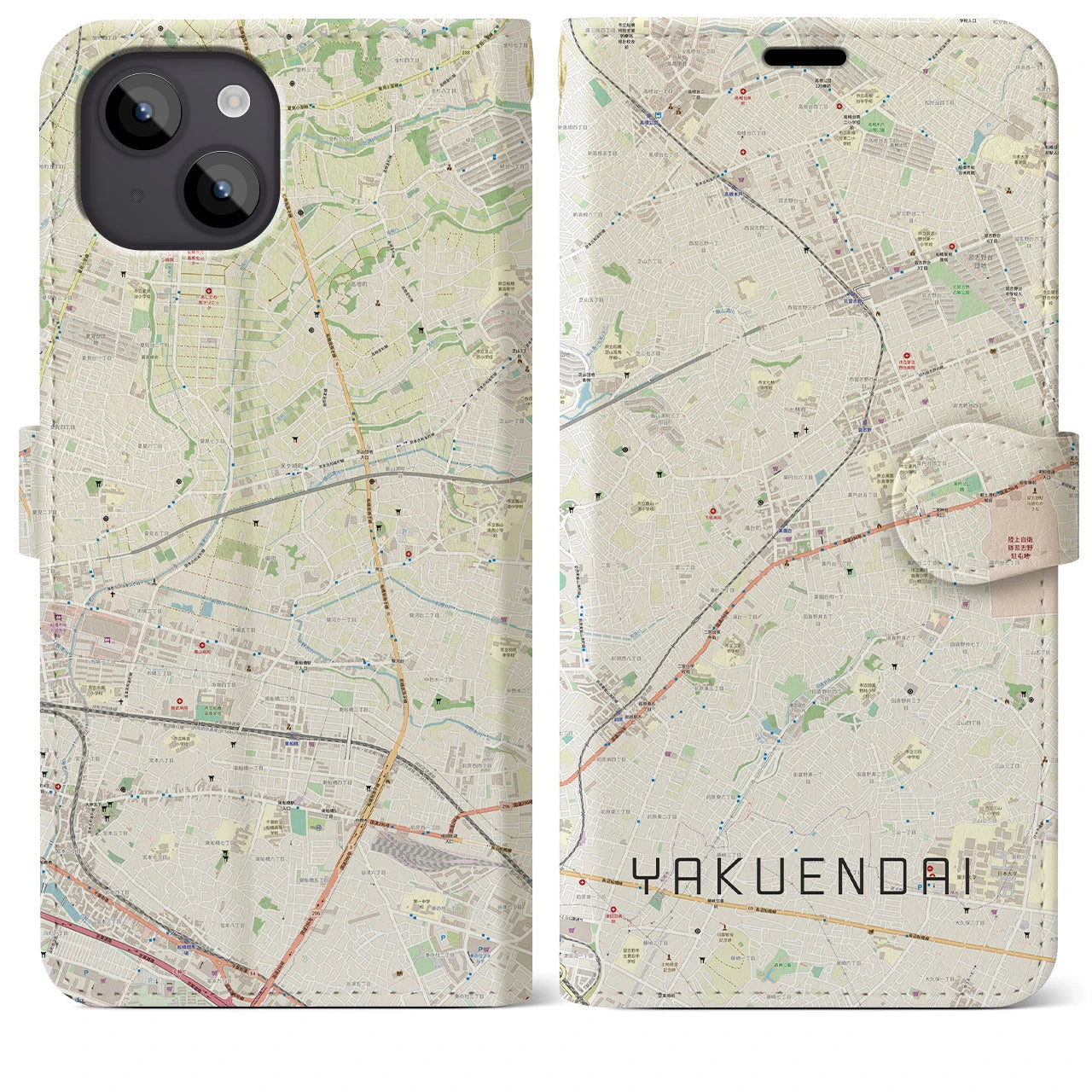 【薬園台】地図柄iPhoneケース（手帳両面タイプ・ナチュラル）iPhone 14 Plus 用
