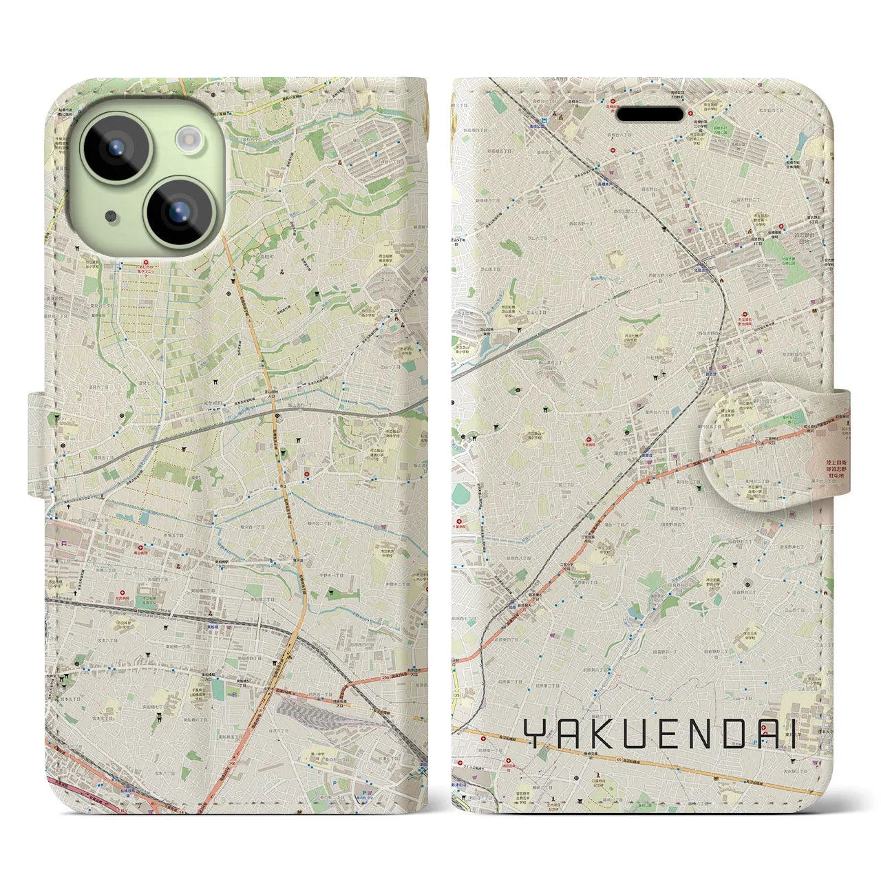 【薬園台】地図柄iPhoneケース（手帳両面タイプ・ナチュラル）iPhone 15 用