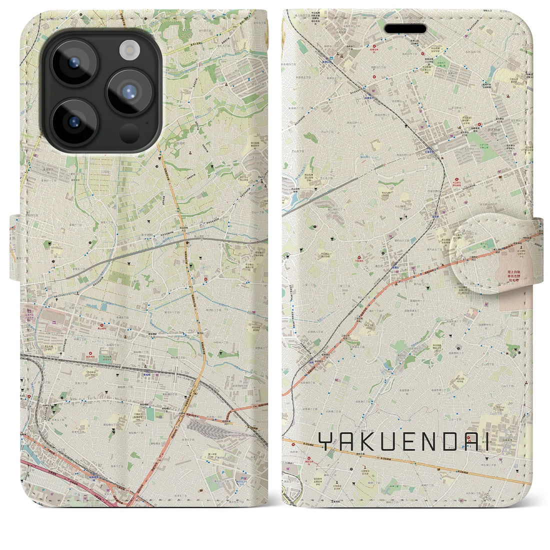 【薬園台】地図柄iPhoneケース（手帳両面タイプ・ナチュラル）iPhone 15 Pro Max 用