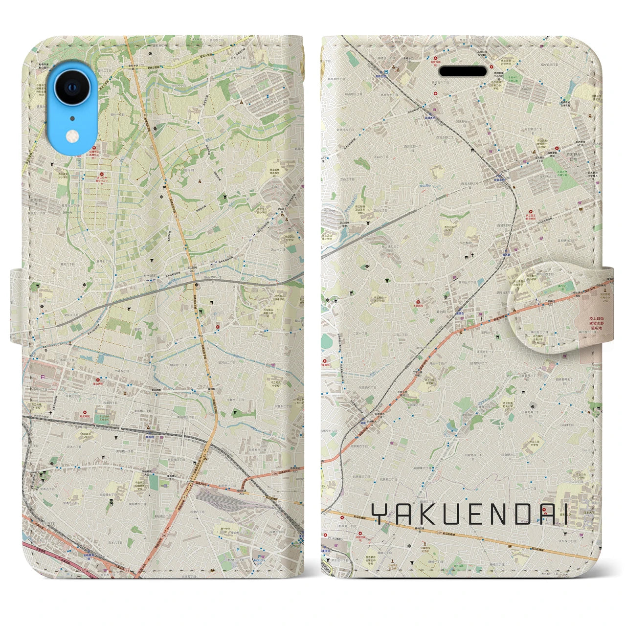 【薬園台】地図柄iPhoneケース（手帳両面タイプ・ナチュラル）iPhone XR 用