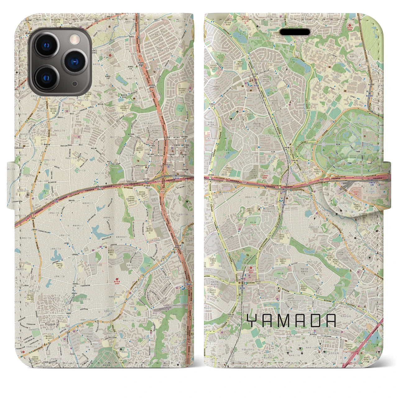 【山田】地図柄iPhoneケース（手帳両面タイプ・ナチュラル）iPhone 11 Pro Max 用