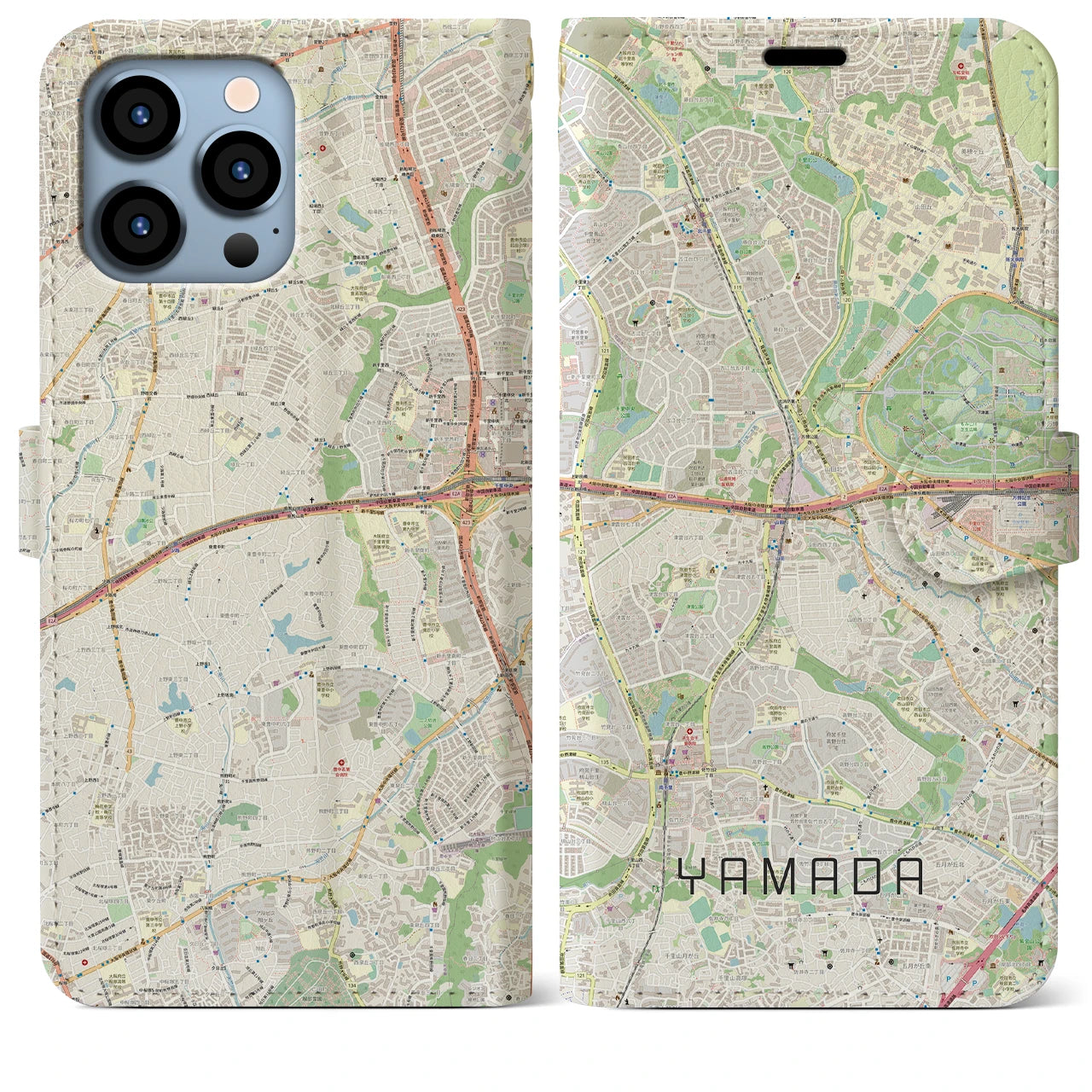 【山田】地図柄iPhoneケース（手帳両面タイプ・ナチュラル）iPhone 13 Pro Max 用