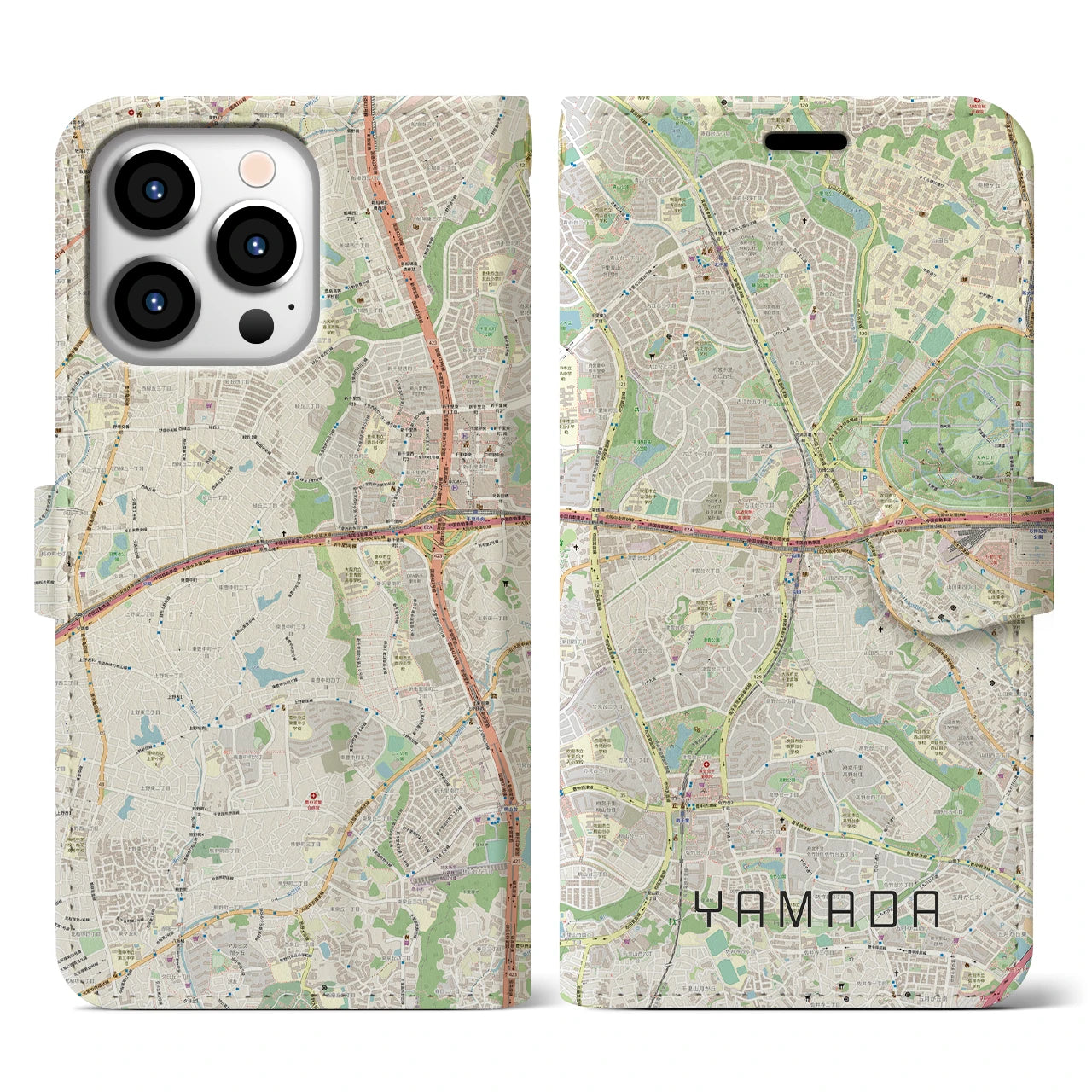 【山田】地図柄iPhoneケース（手帳両面タイプ・ナチュラル）iPhone 13 Pro 用