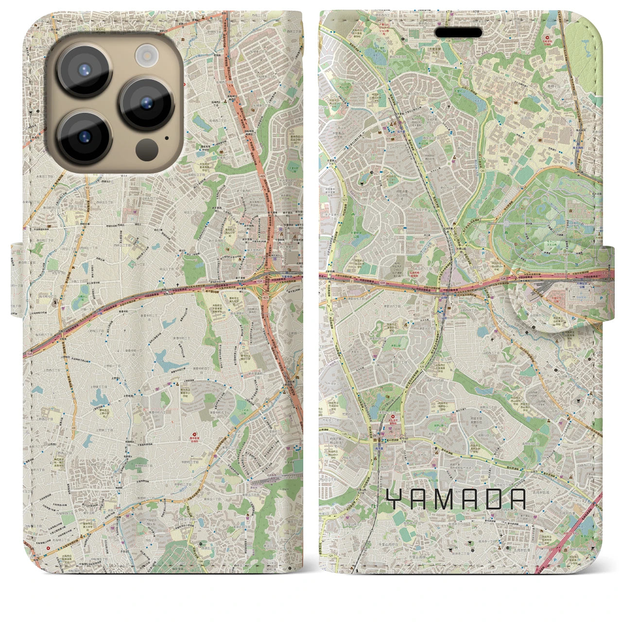 【山田】地図柄iPhoneケース（手帳両面タイプ・ナチュラル）iPhone 14 Pro Max 用