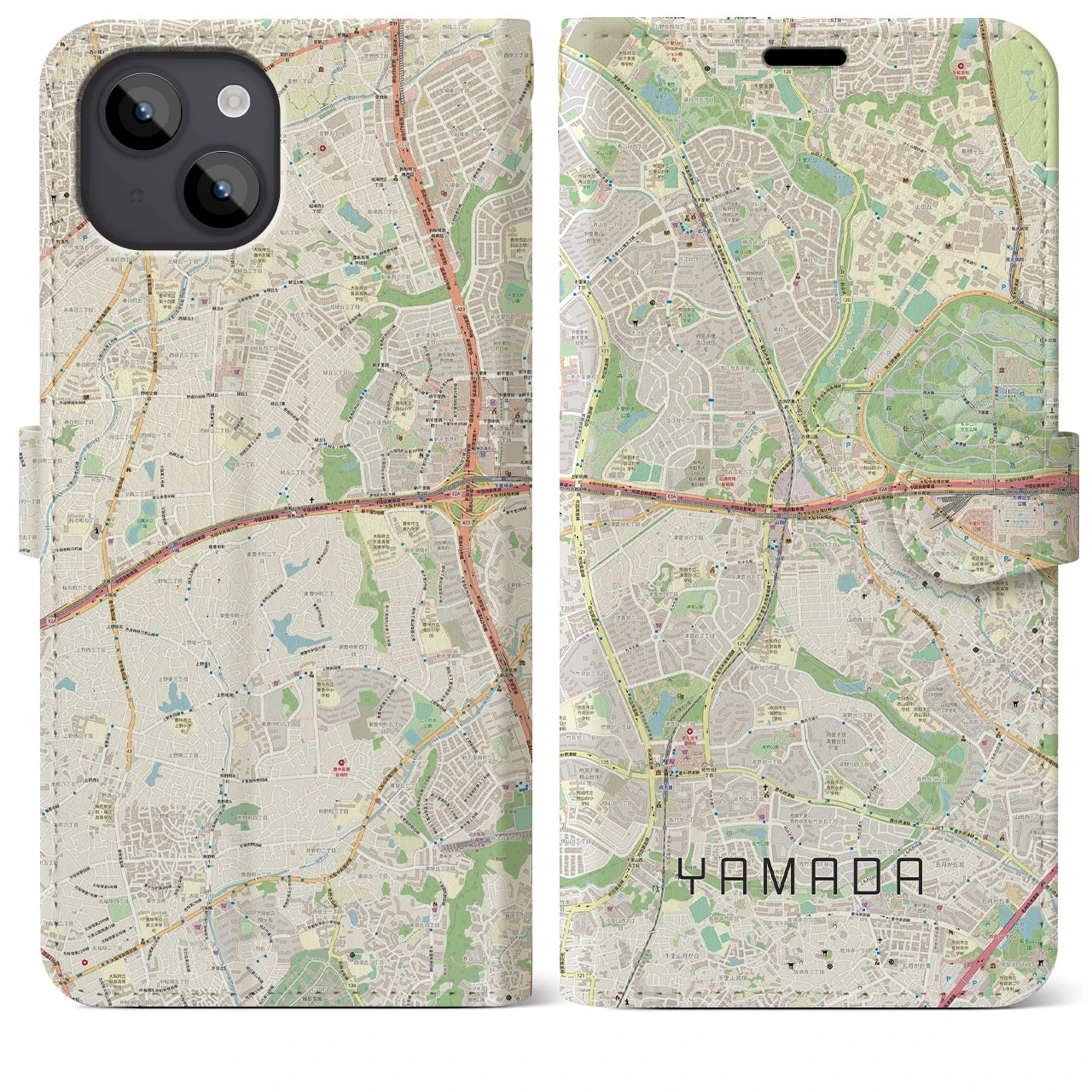 【山田】地図柄iPhoneケース（手帳両面タイプ・ナチュラル）iPhone 14 Plus 用