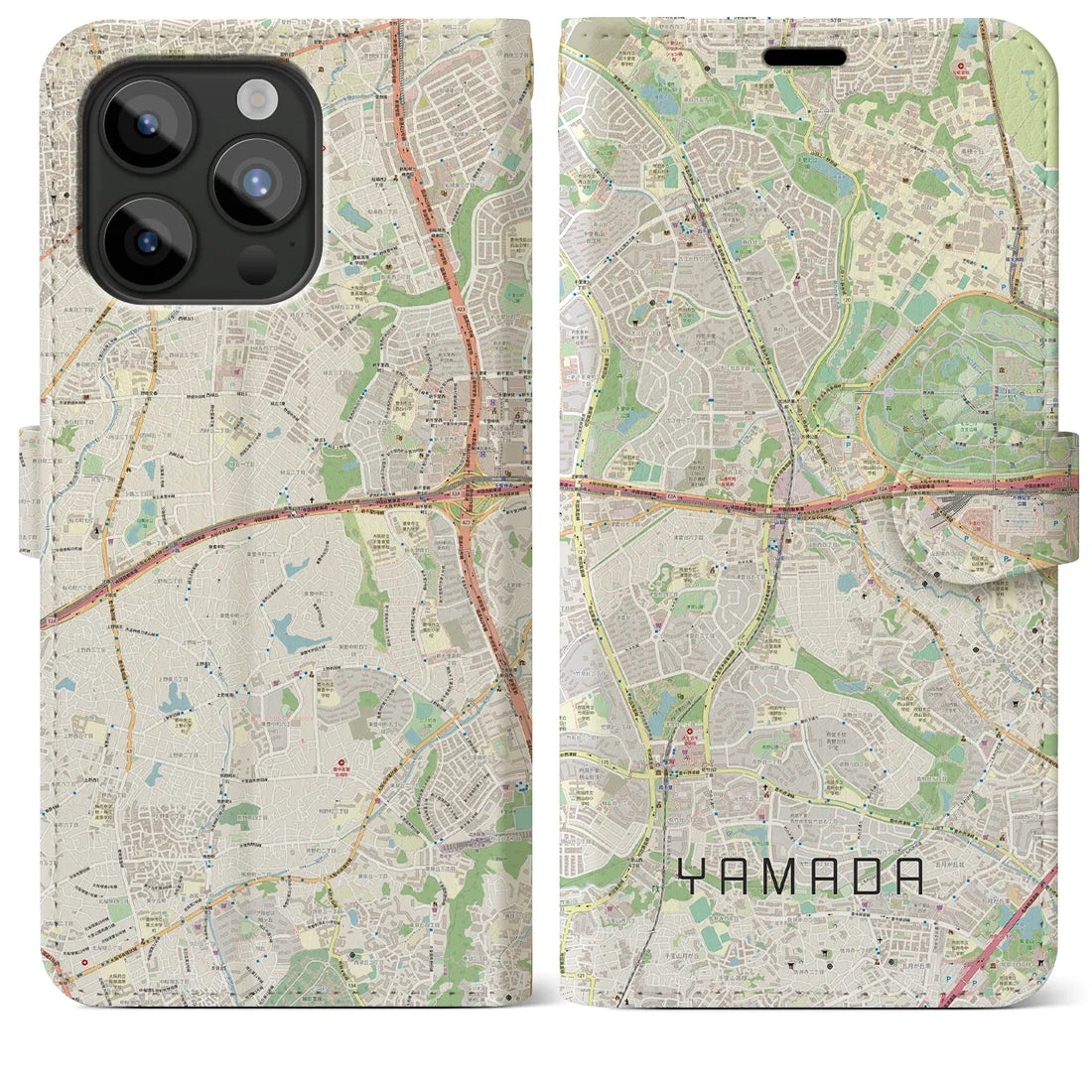 【山田】地図柄iPhoneケース（手帳両面タイプ・ナチュラル）iPhone 15 Pro Max 用