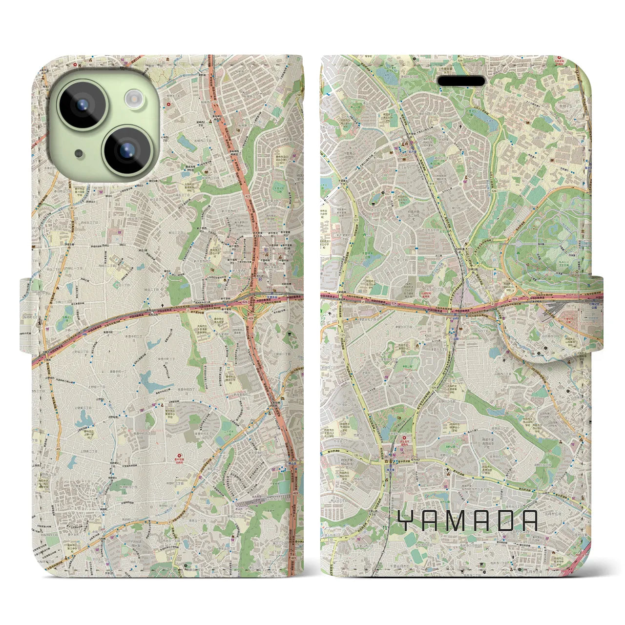 【山田】地図柄iPhoneケース（手帳両面タイプ・ナチュラル）iPhone 15 用