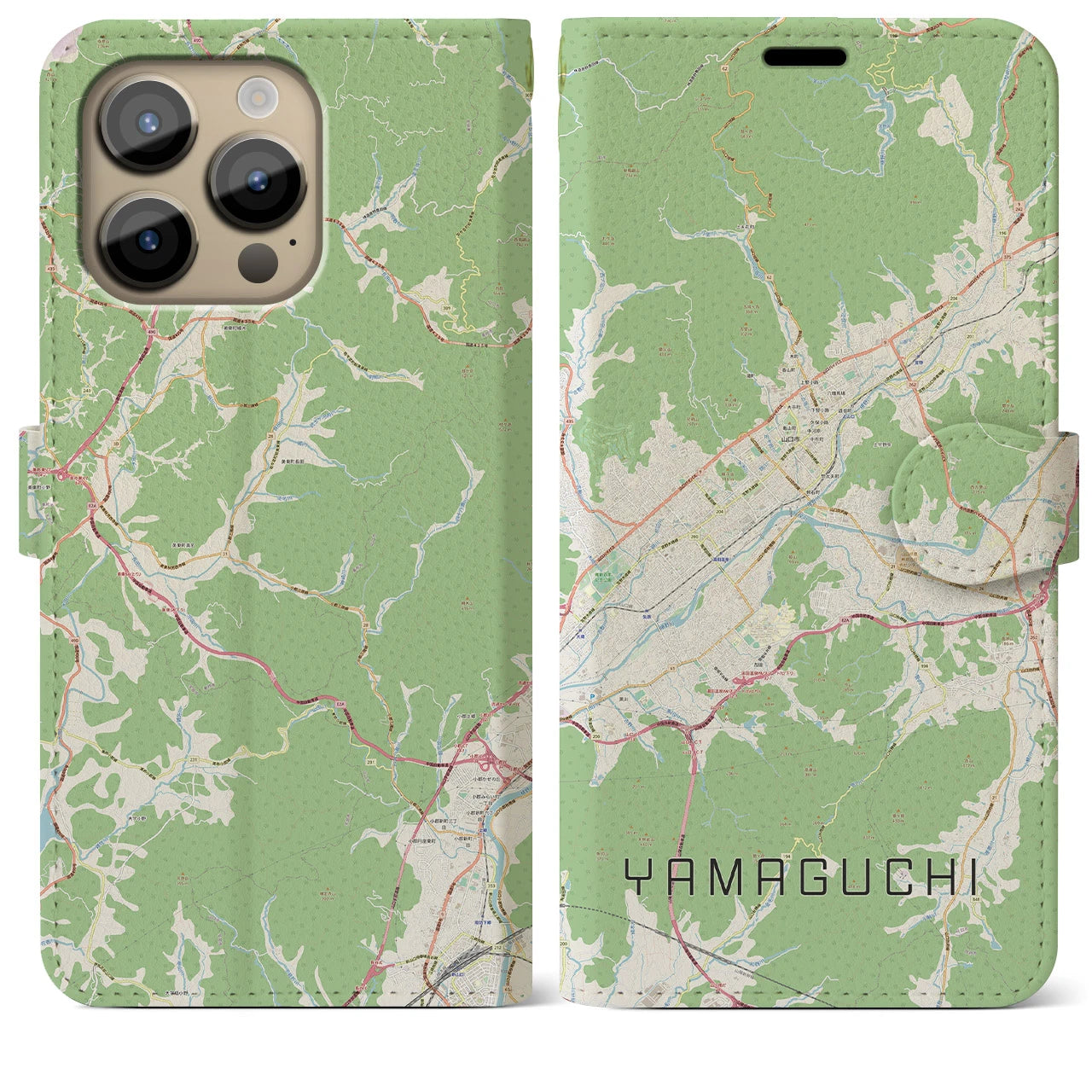 【山口】地図柄iPhoneケース（手帳両面タイプ・ナチュラル）iPhone 14 Pro Max 用