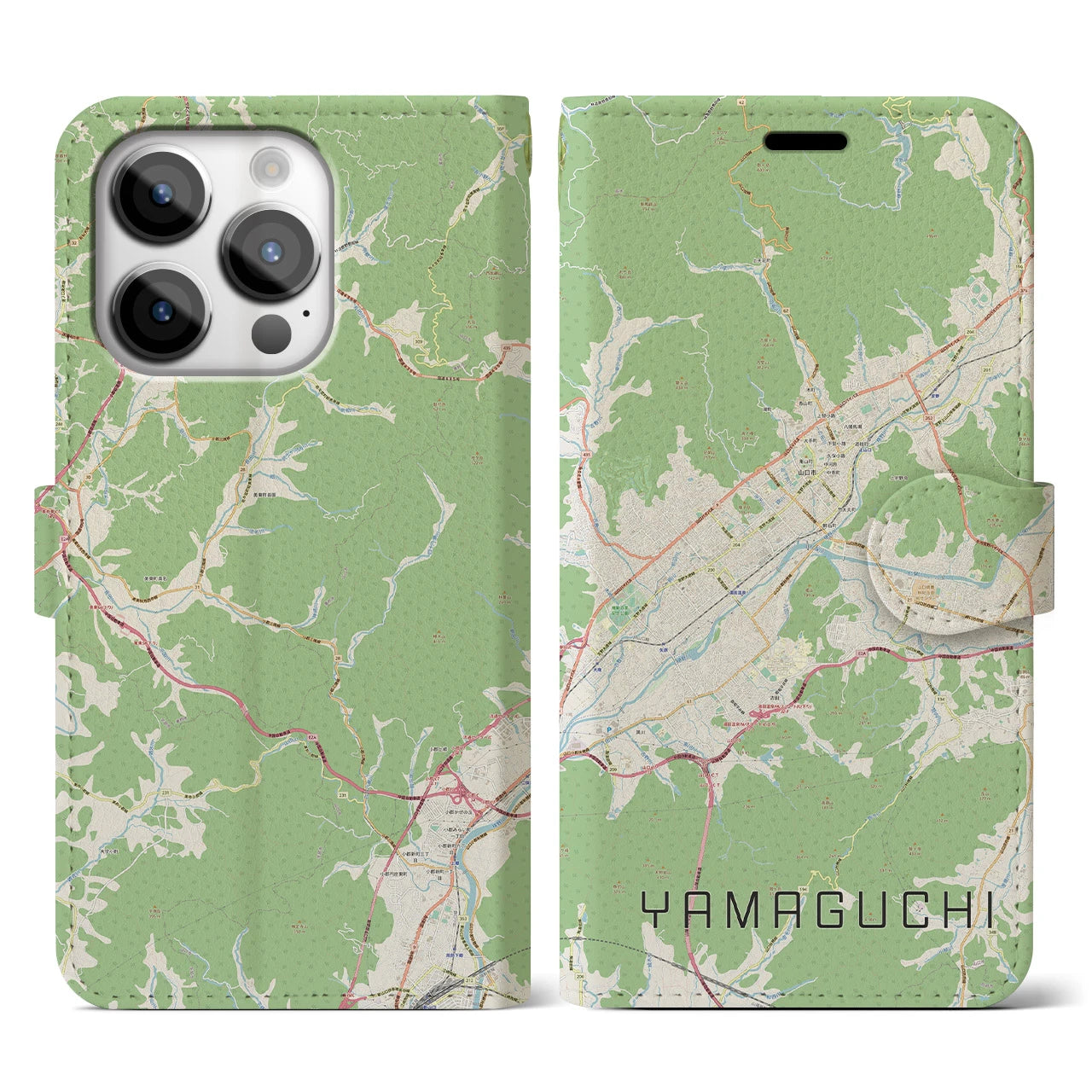 【山口】地図柄iPhoneケース（手帳両面タイプ・ナチュラル）iPhone 14 Pro 用