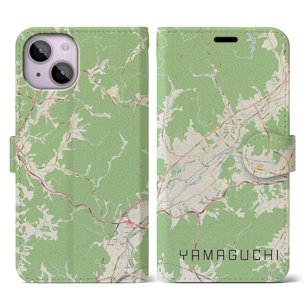 【山口】地図柄iPhoneケース（手帳両面タイプ・ナチュラル）iPhone 14 用