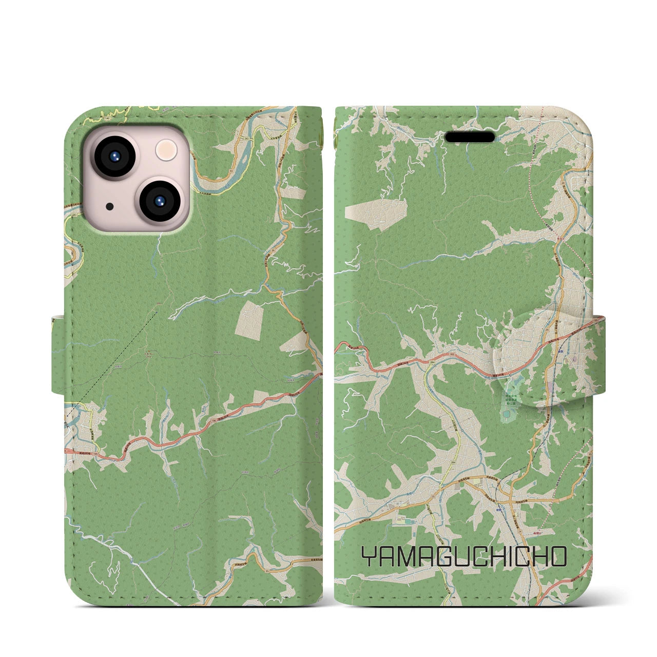 【山口町】地図柄iPhoneケース（手帳両面タイプ・ナチュラル）iPhone 13 mini 用