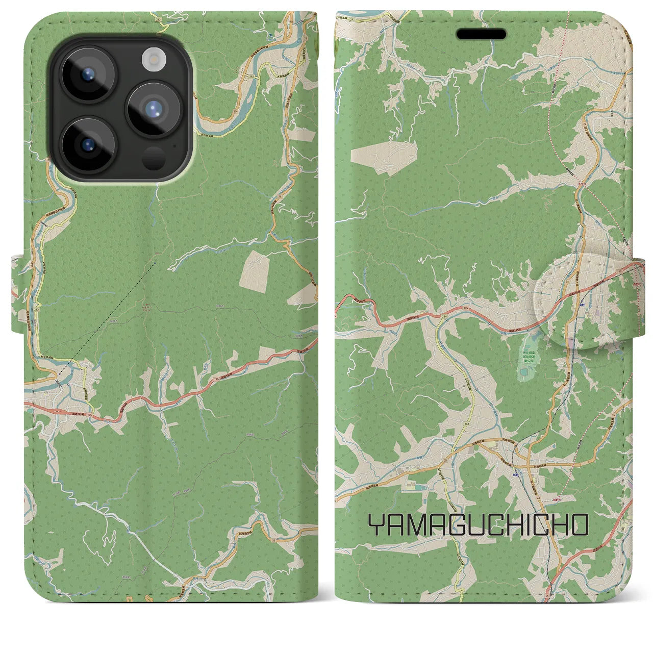 【山口町】地図柄iPhoneケース（手帳両面タイプ・ナチュラル）iPhone 15 Pro Max 用