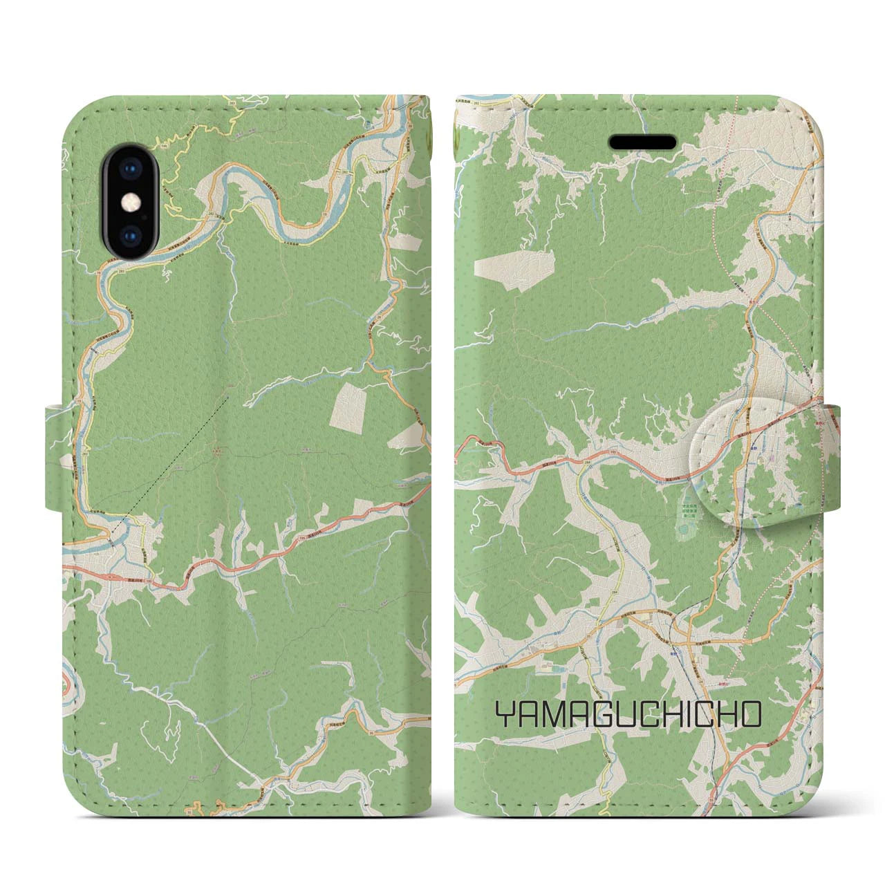 【山口町】地図柄iPhoneケース（手帳両面タイプ・ナチュラル）iPhone XS / X 用