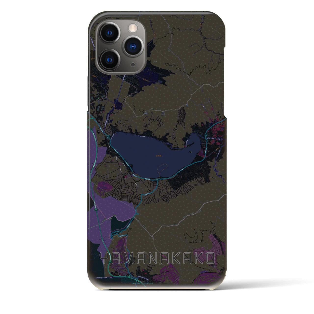 【山中湖】地図柄iPhoneケース（バックカバータイプ・ブラック）iPhone 11 Pro Max 用