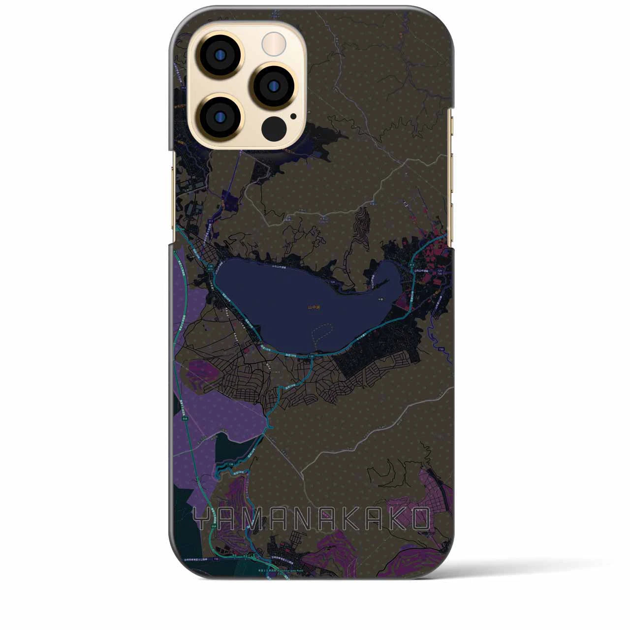 【山中湖】地図柄iPhoneケース（バックカバータイプ・ブラック）iPhone 12 Pro Max 用