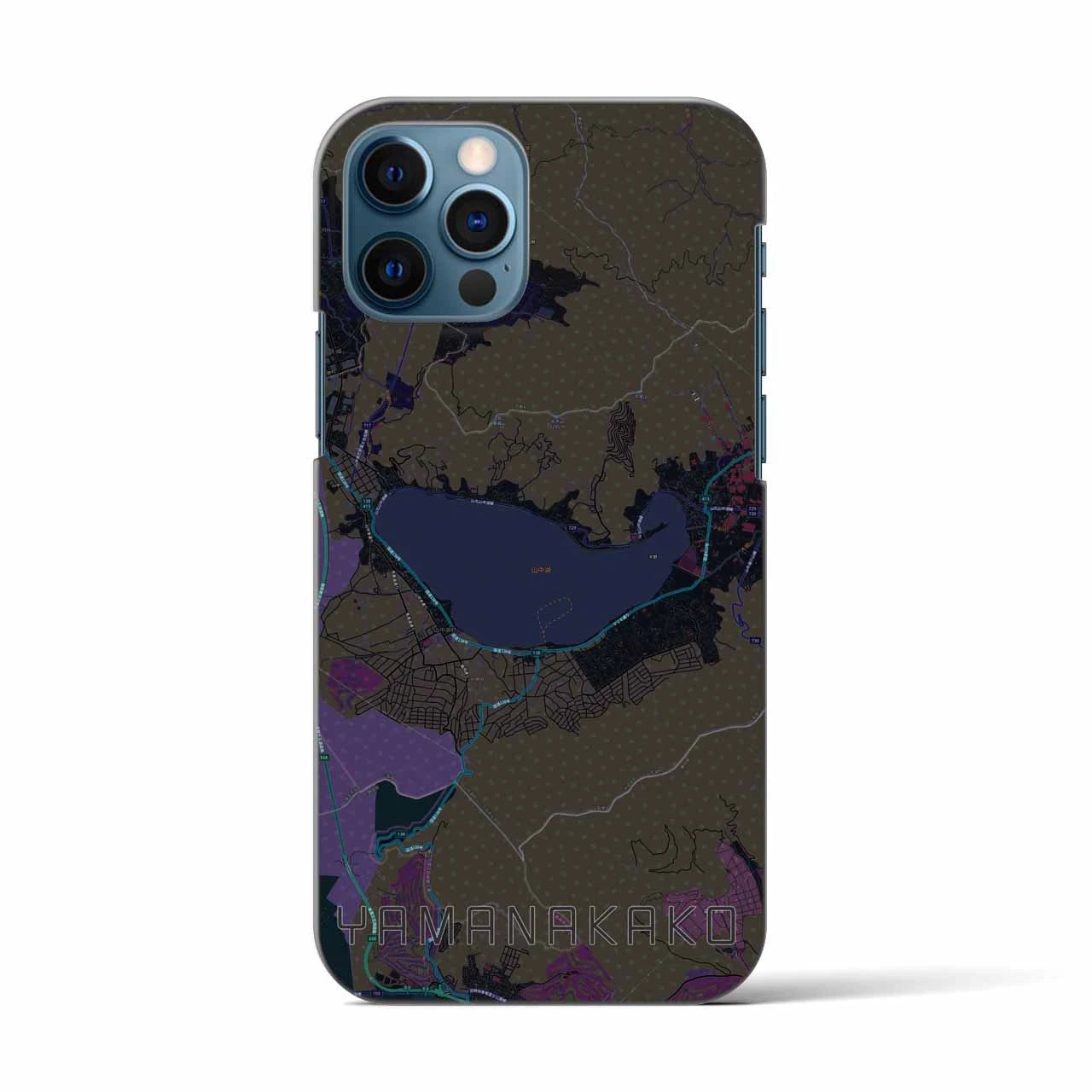【山中湖】地図柄iPhoneケース（バックカバータイプ・ブラック）iPhone 12 / 12 Pro 用