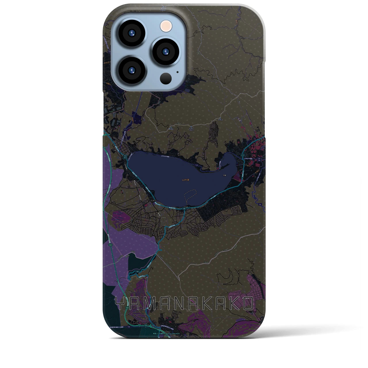【山中湖】地図柄iPhoneケース（バックカバータイプ・ブラック）iPhone 13 Pro Max 用