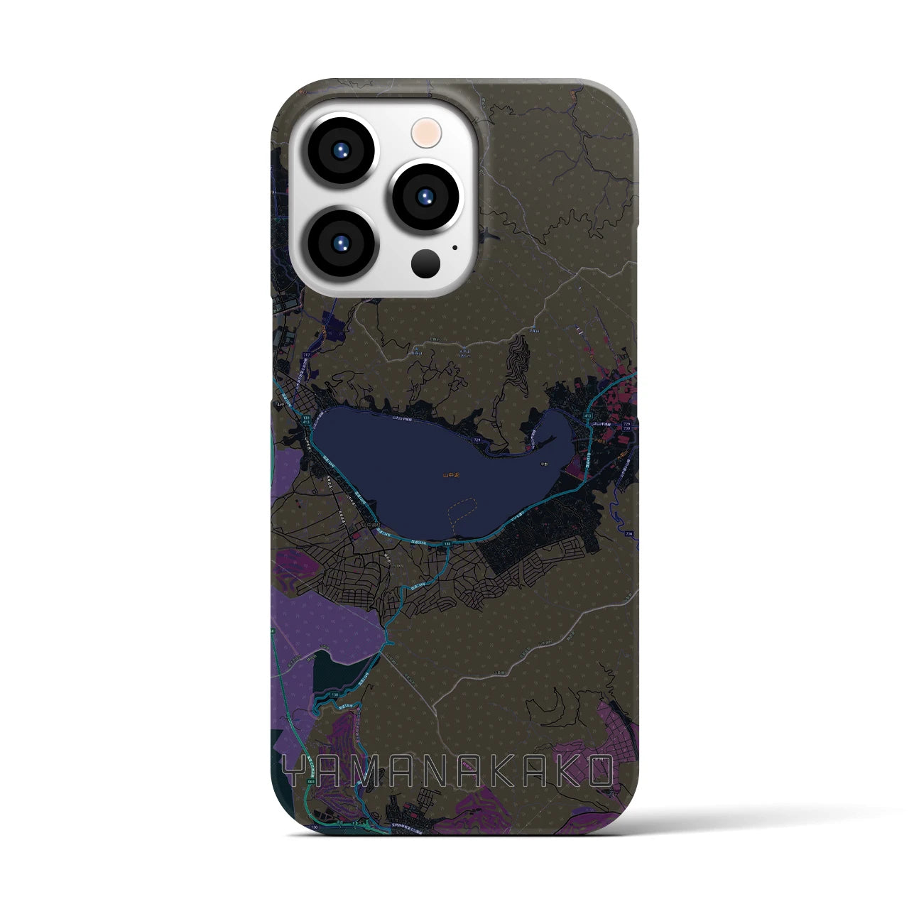 【山中湖】地図柄iPhoneケース（バックカバータイプ・ブラック）iPhone 13 Pro 用