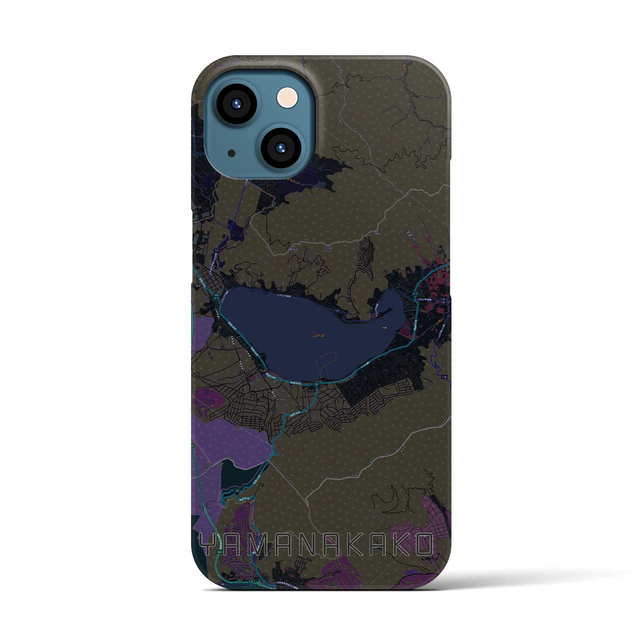 【山中湖】地図柄iPhoneケース（バックカバータイプ・ブラック）iPhone 13 用