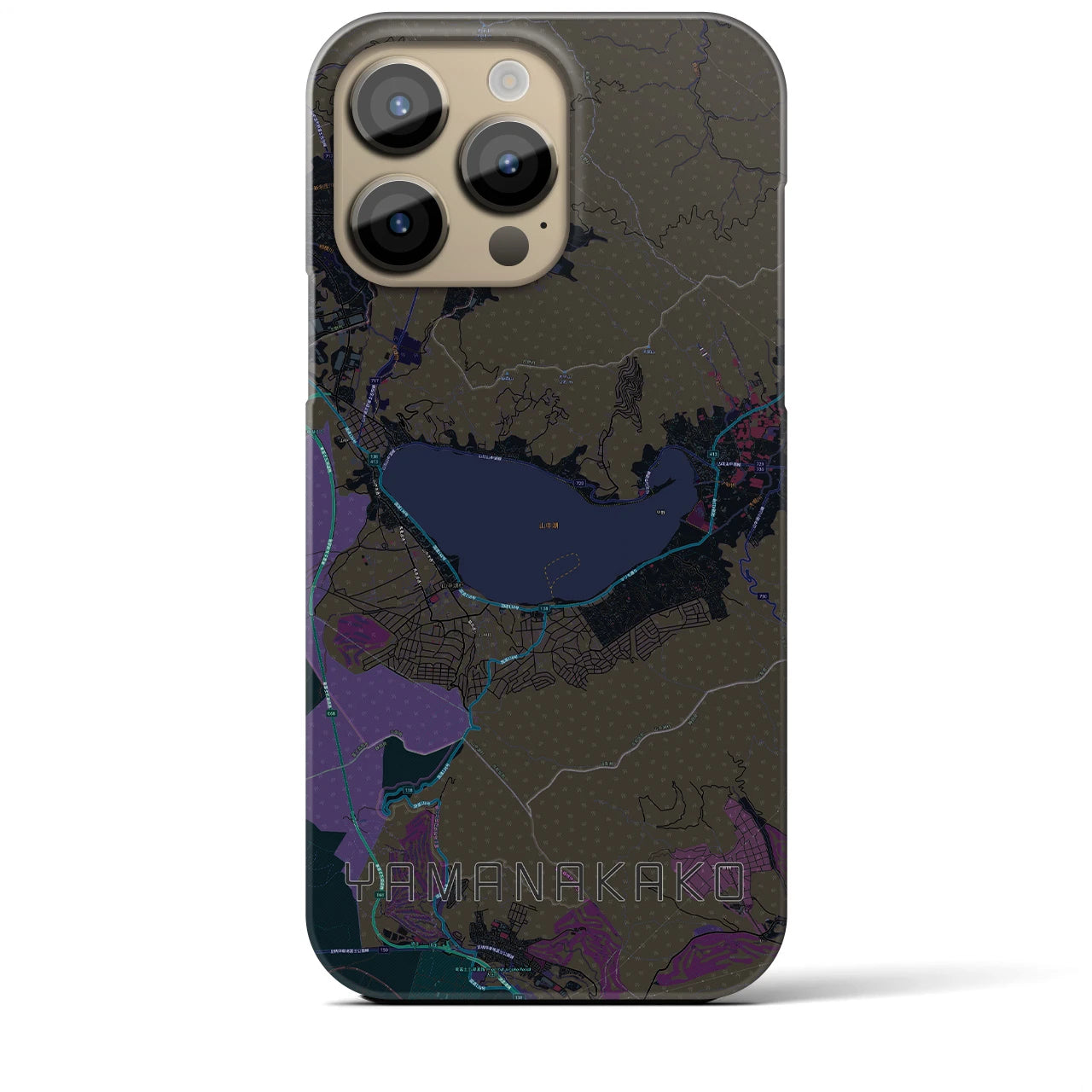 【山中湖】地図柄iPhoneケース（バックカバータイプ・ブラック）iPhone 14 Pro Max 用