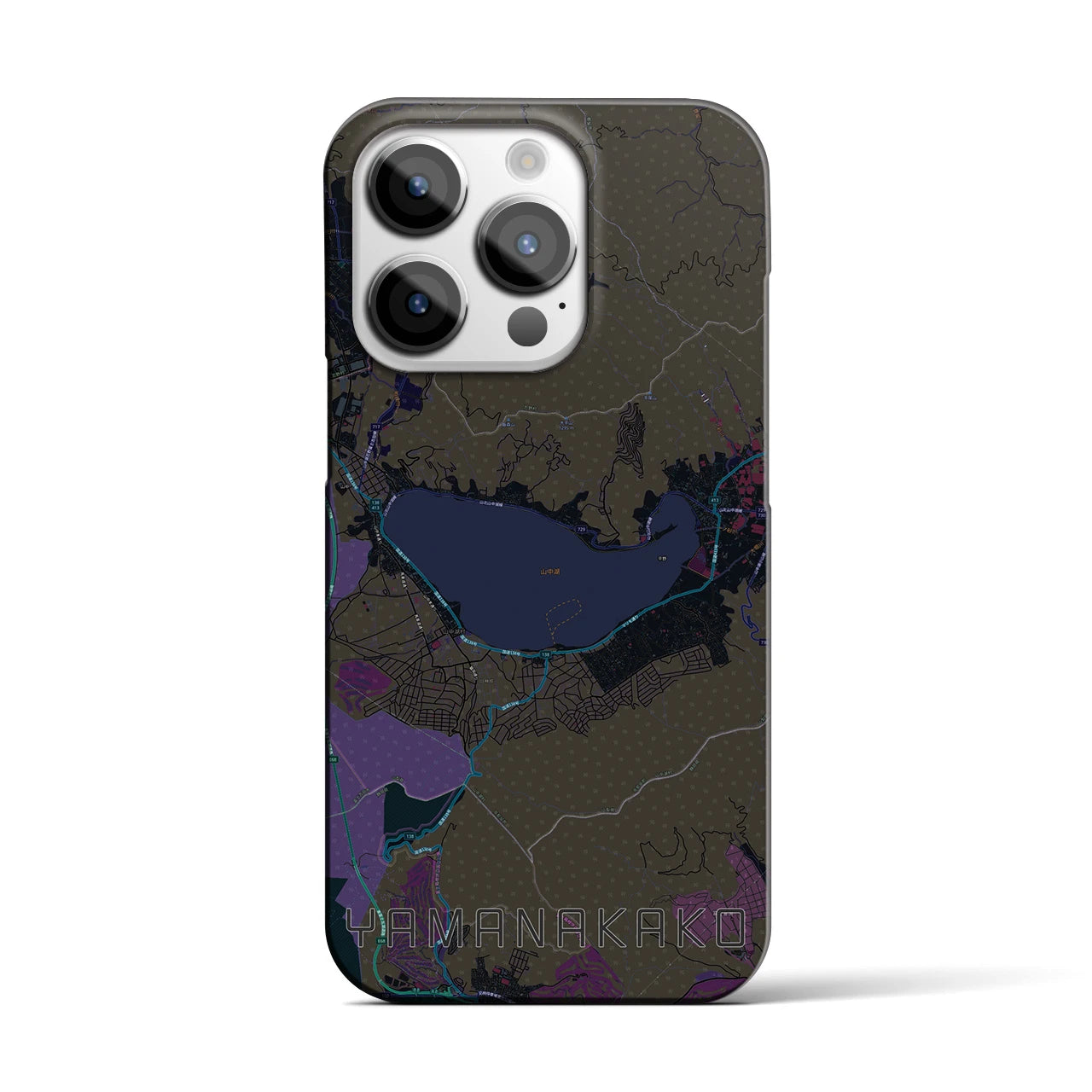 【山中湖】地図柄iPhoneケース（バックカバータイプ・ブラック）iPhone 14 Pro 用