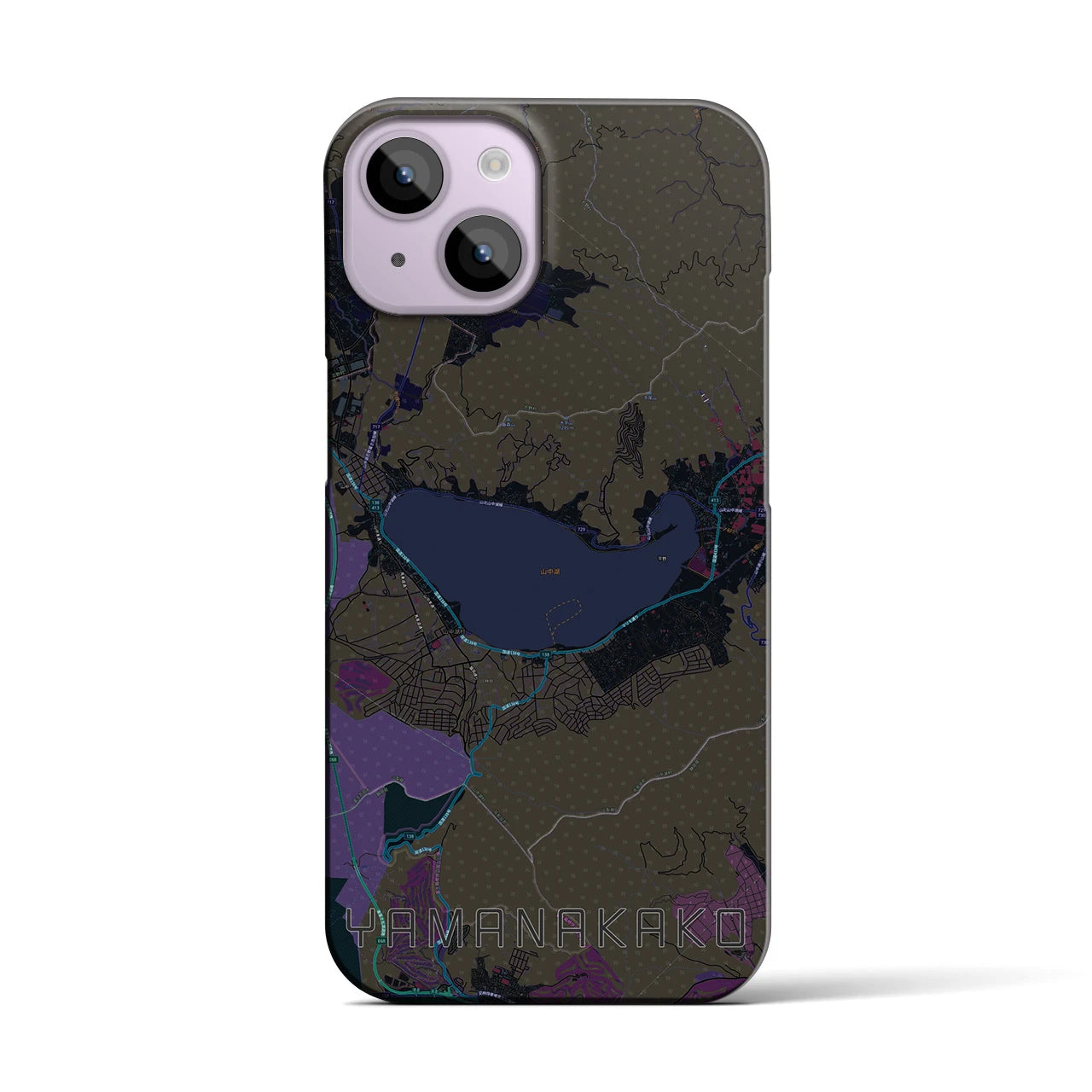 【山中湖】地図柄iPhoneケース（バックカバータイプ・ブラック）iPhone 14 用