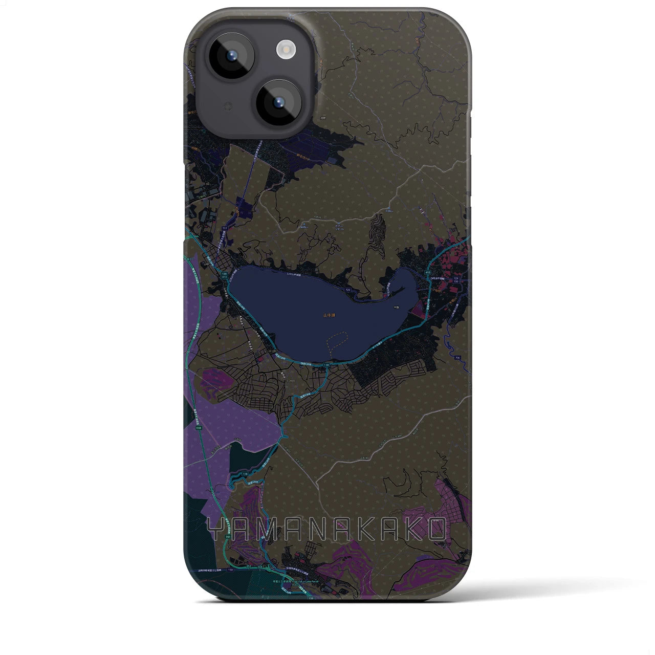【山中湖】地図柄iPhoneケース（バックカバータイプ・ブラック）iPhone 14 Plus 用