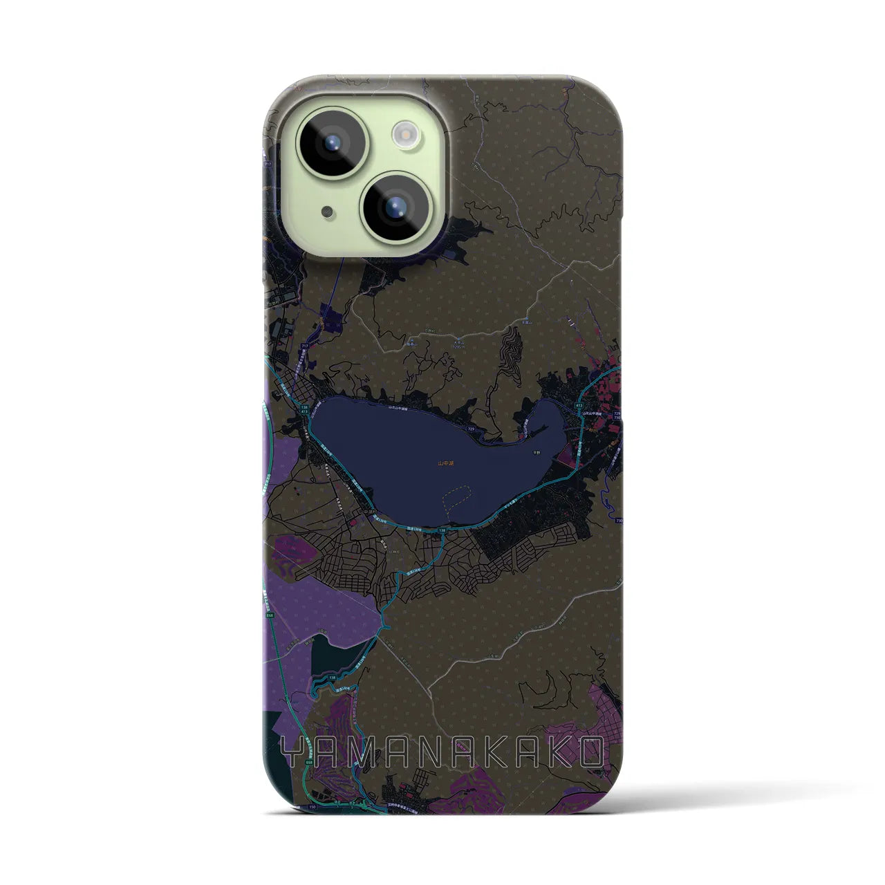【山中湖】地図柄iPhoneケース（バックカバータイプ・ブラック）iPhone 15 用