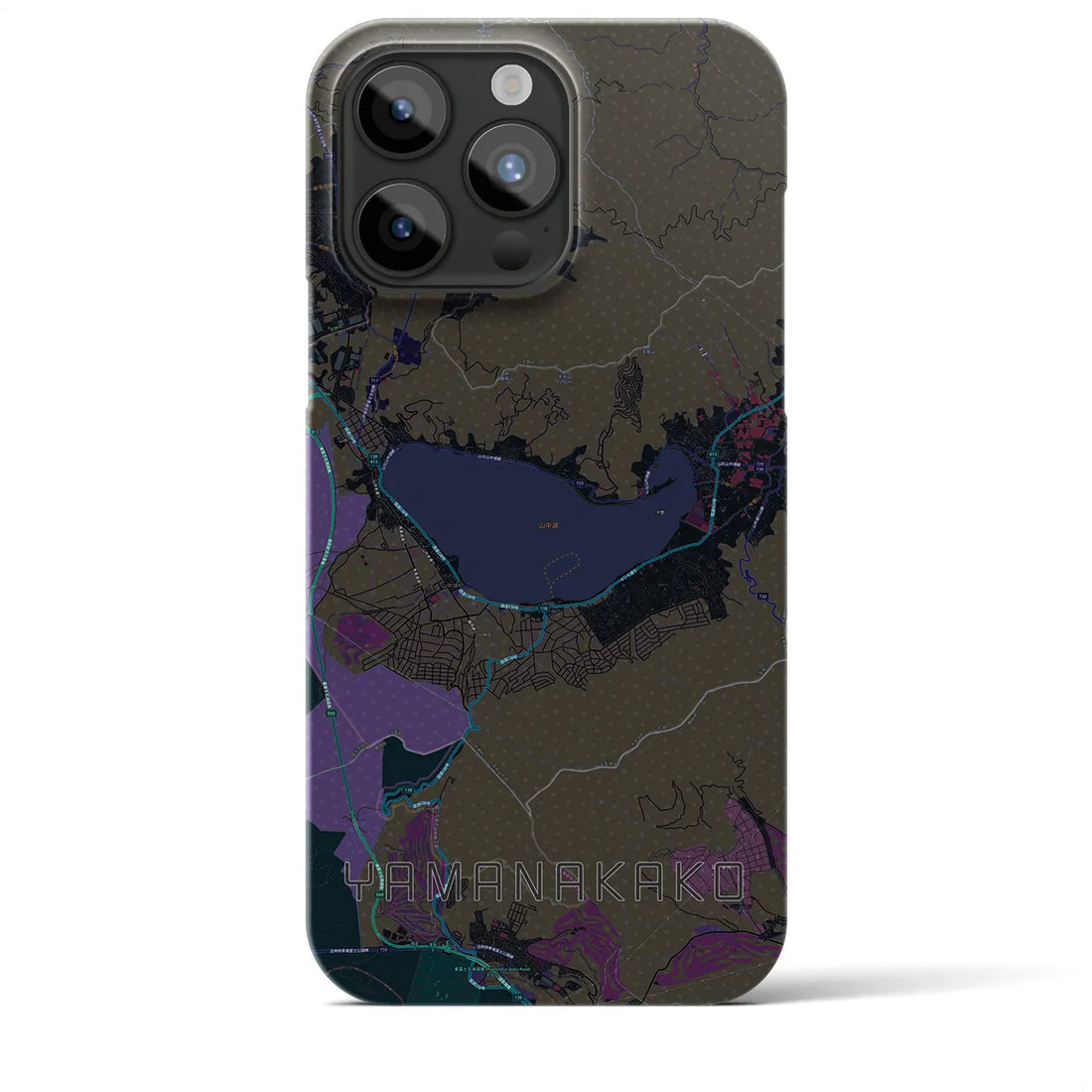 【山中湖】地図柄iPhoneケース（バックカバータイプ・ブラック）iPhone 15 Pro Max 用