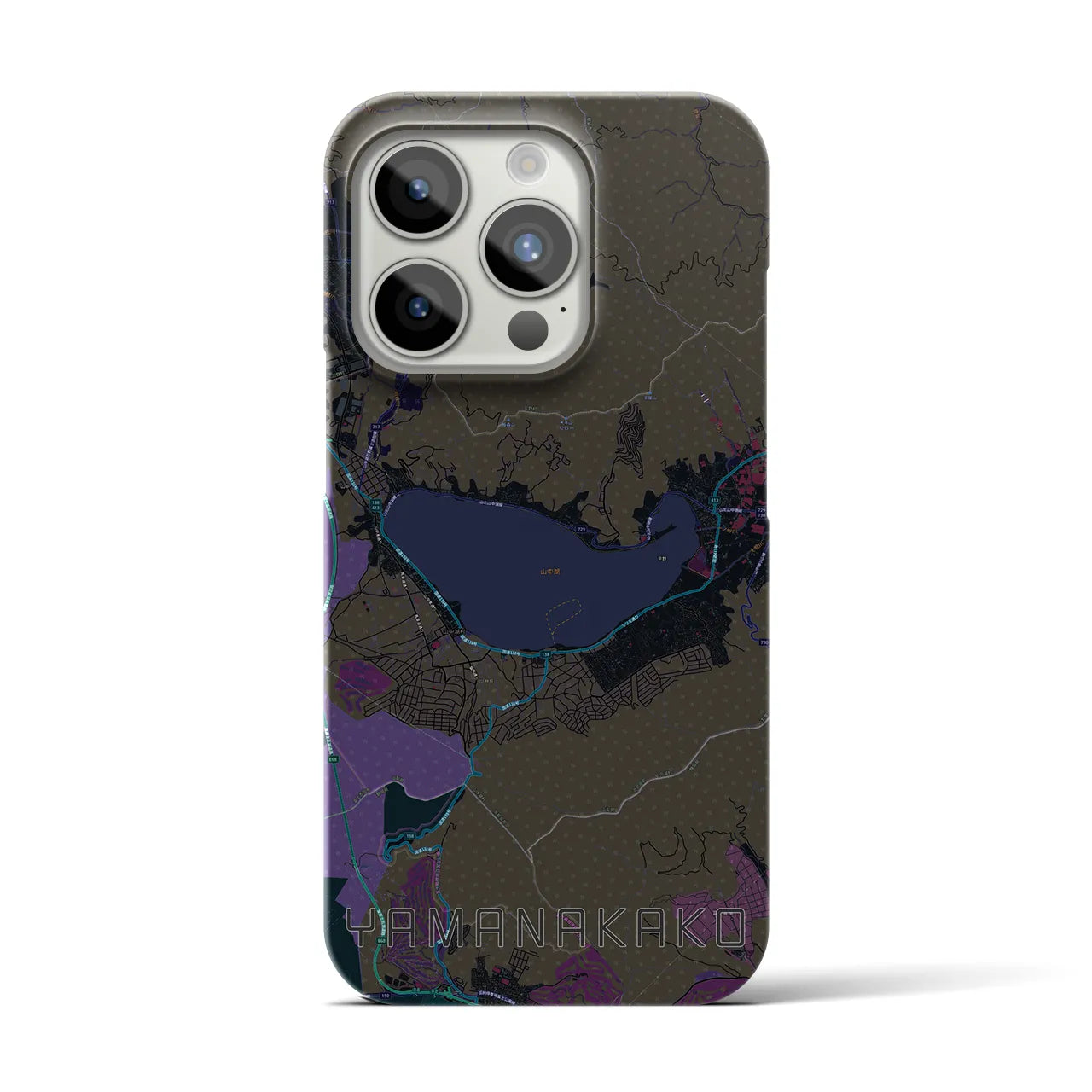 【山中湖】地図柄iPhoneケース（バックカバータイプ・ブラック）iPhone 15 Pro 用