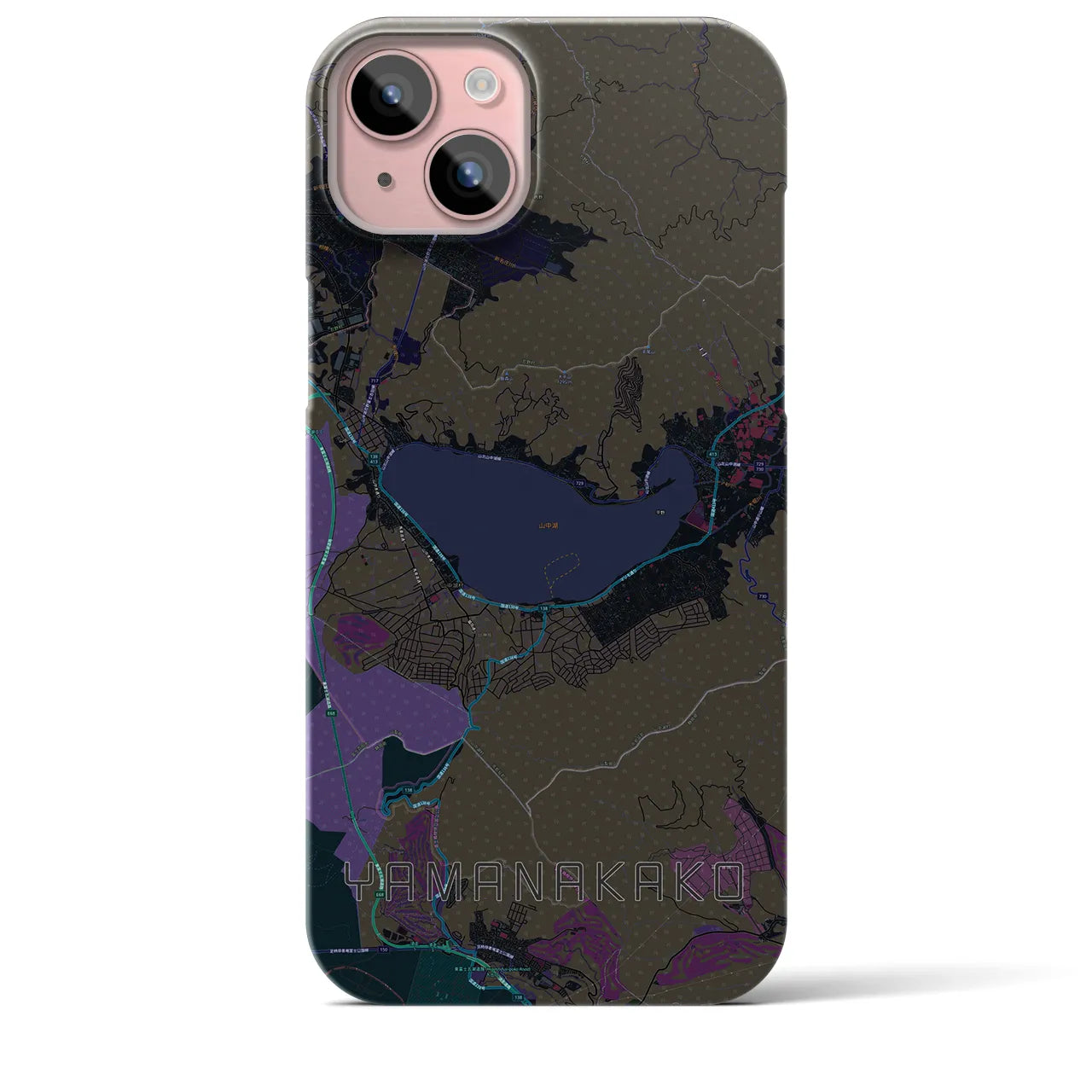 【山中湖】地図柄iPhoneケース（バックカバータイプ・ブラック）iPhone 15 Plus 用