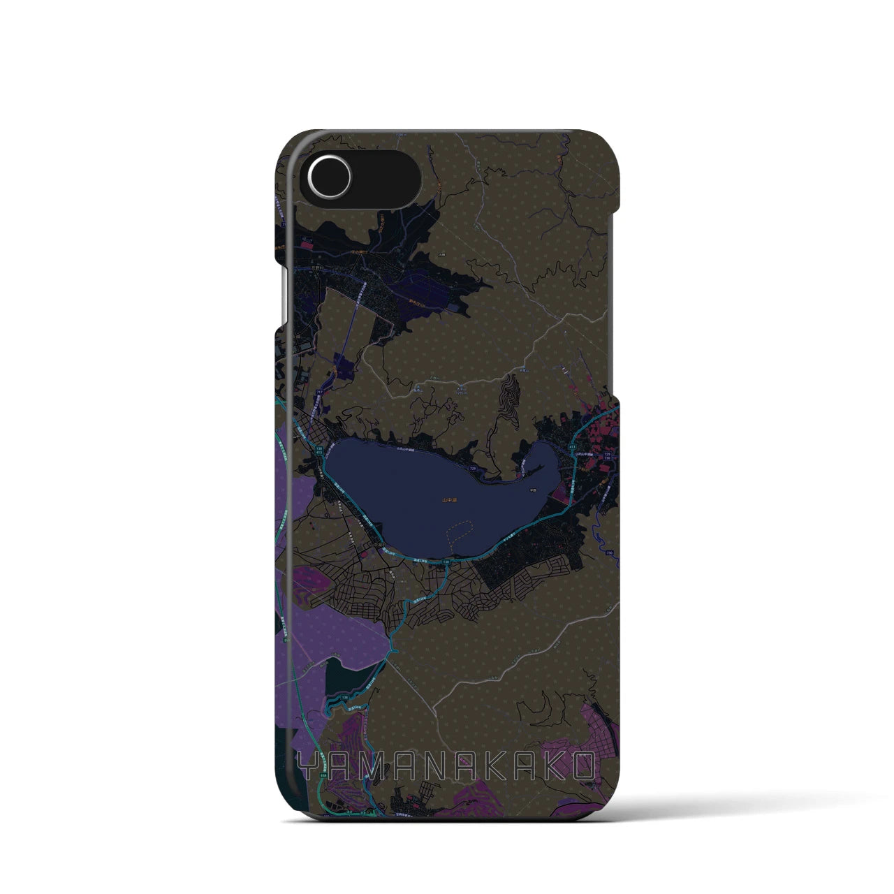 【山中湖】地図柄iPhoneケース（バックカバータイプ・ブラック）iPhone SE（第3 / 第2世代） / 8 / 7 / 6s / 6 用