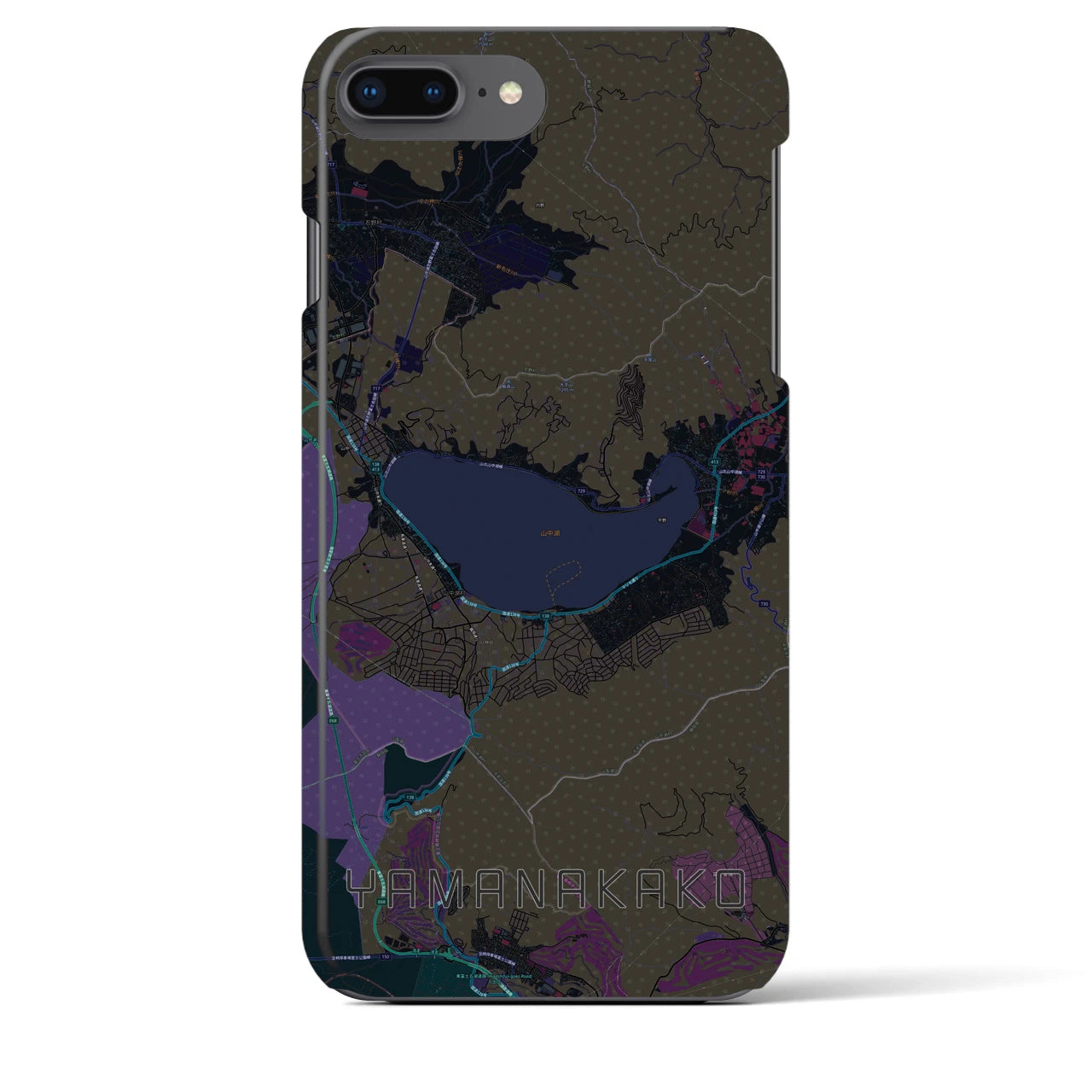 【山中湖】地図柄iPhoneケース（バックカバータイプ・ブラック）iPhone 8Plus /7Plus / 6sPlus / 6Plus 用