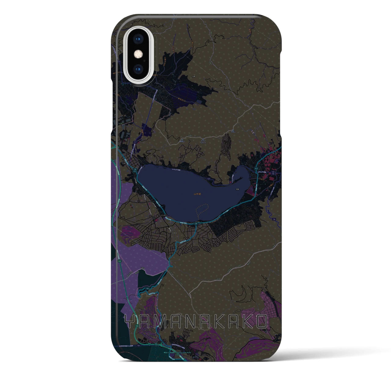 【山中湖】地図柄iPhoneケース（バックカバータイプ・ブラック）iPhone XS Max 用