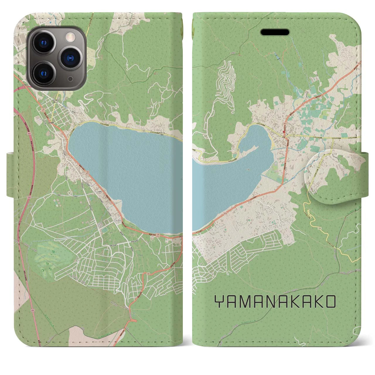 【山中湖】地図柄iPhoneケース（手帳両面タイプ・ナチュラル）iPhone 11 Pro Max 用